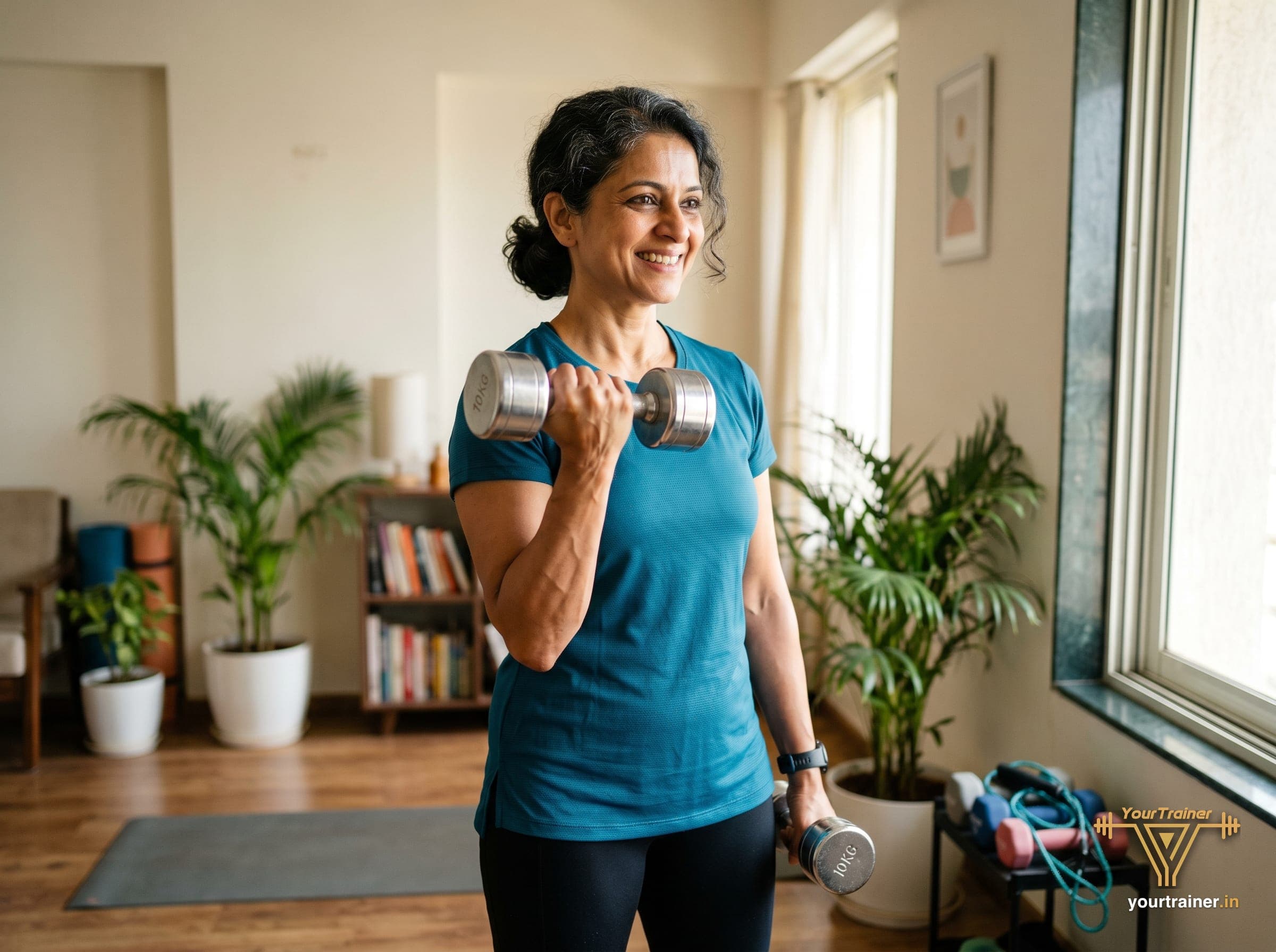 Female Indian personal trainer coaching menopause weight loss online