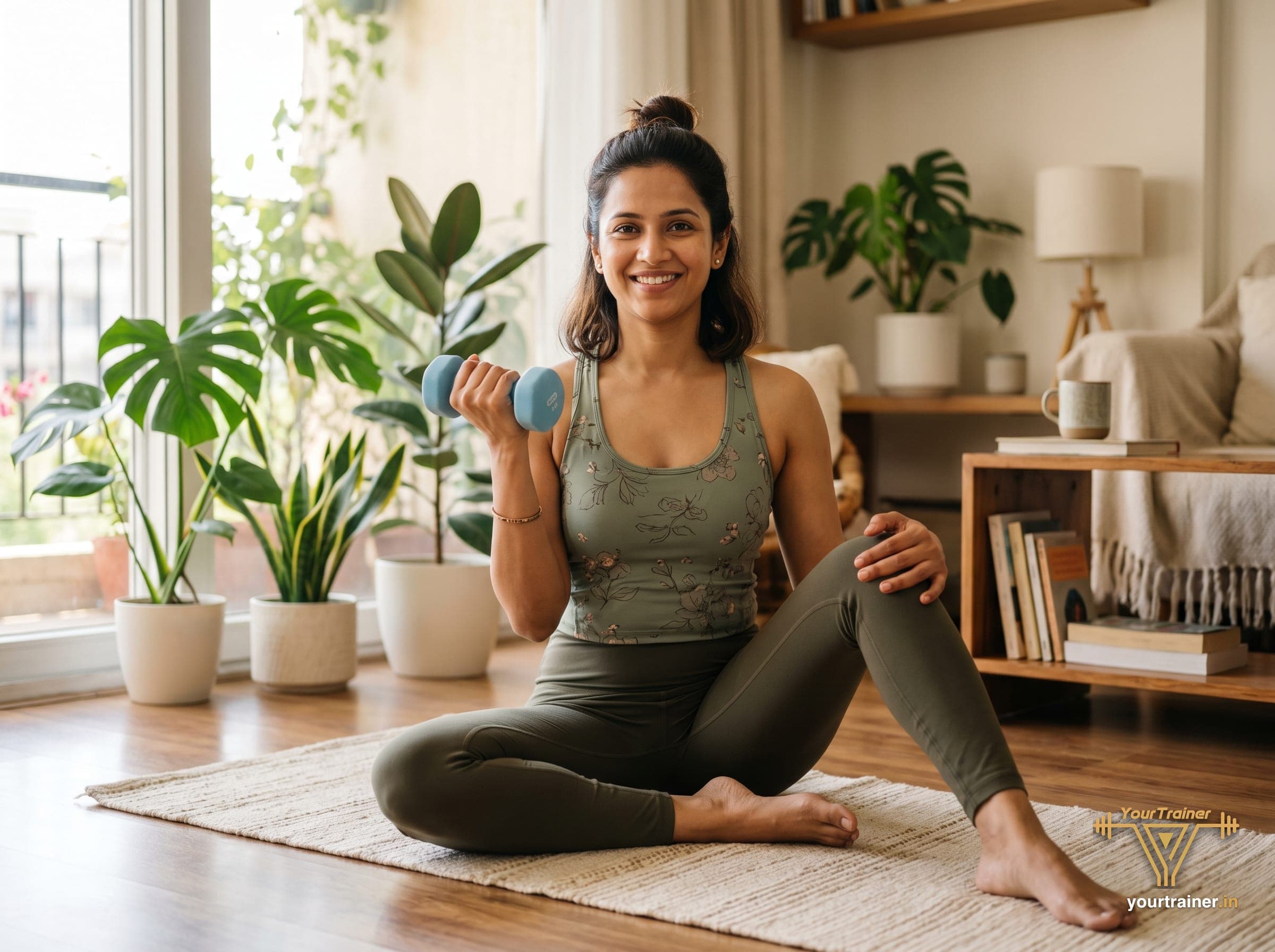 Indian woman doing a dumbbell workout at home - online PCOS fitness coaching for Indian Americans