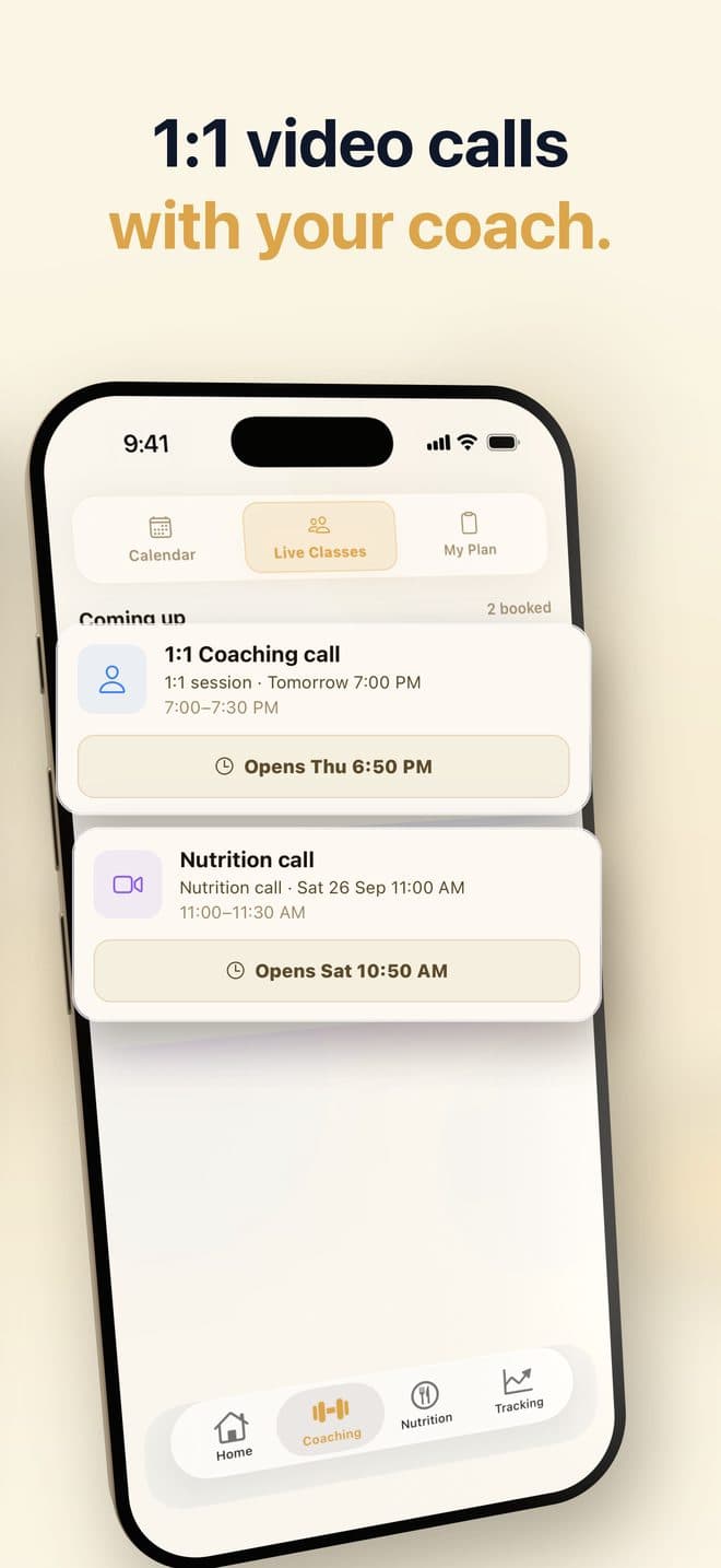 The YourTrainer app showing a booked 1-on-1 coaching call and the nutrition call