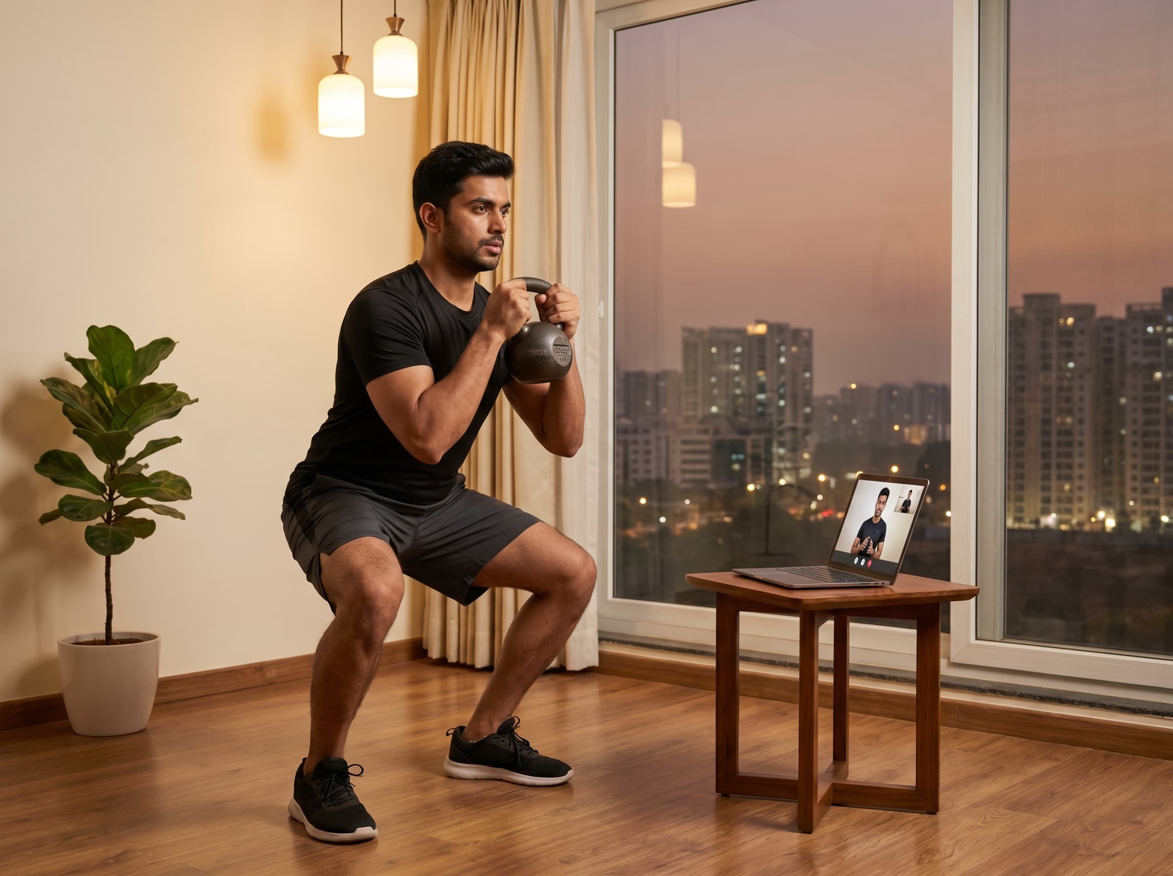 Home workout setup with Gachibowli skyline view