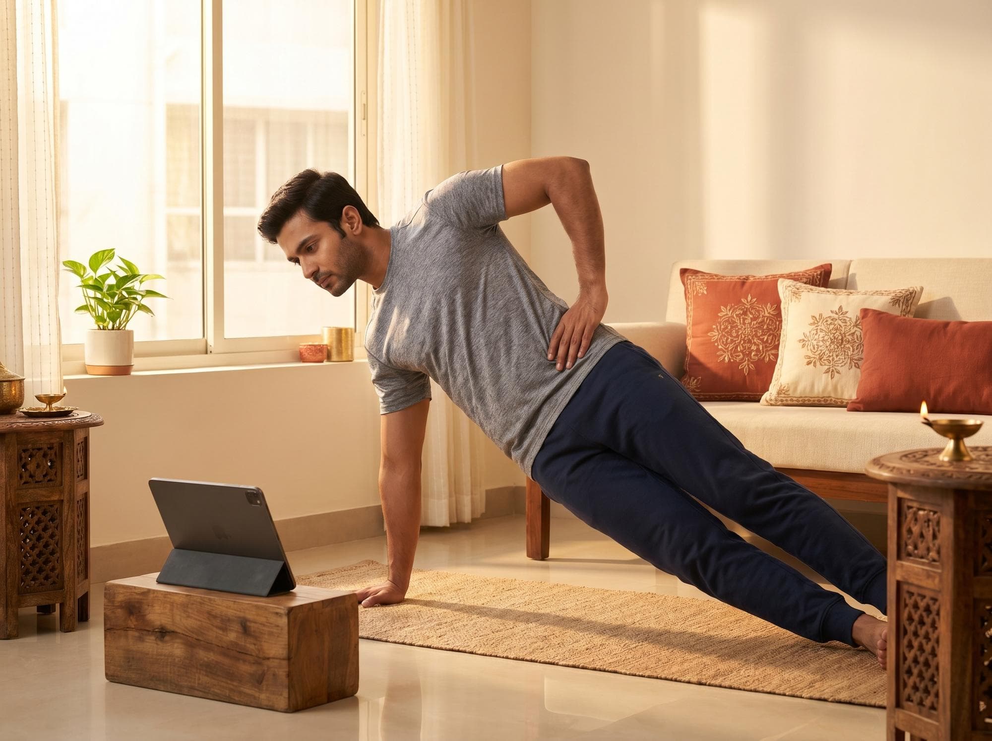 At-home workout in Park Street New Town Kolkata flat