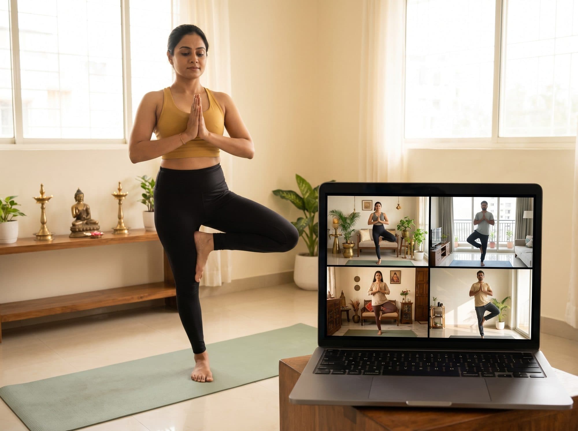 Indian woman in her forties strength training at home during menopause