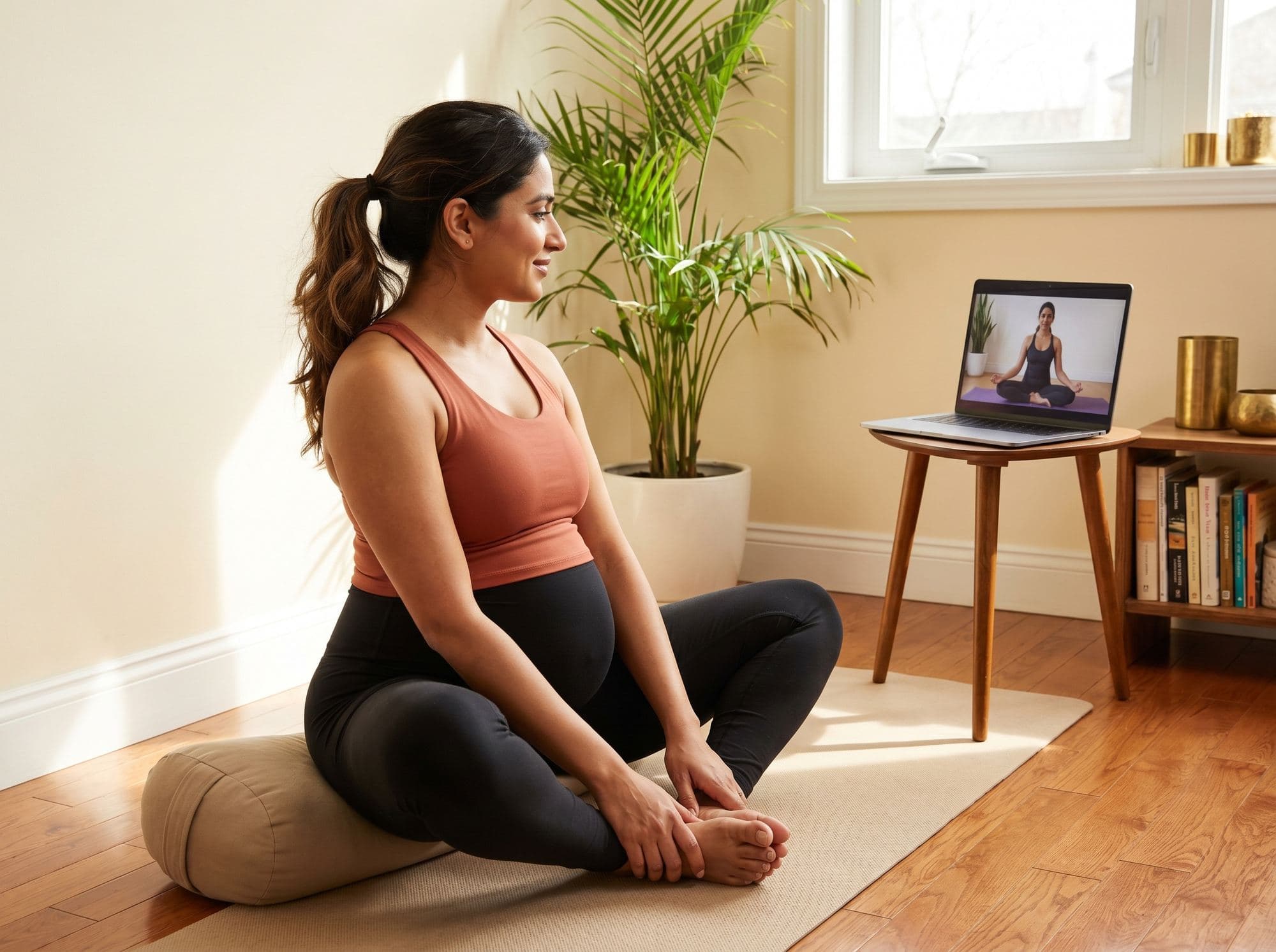 Prenatal yoga online session in Indian home