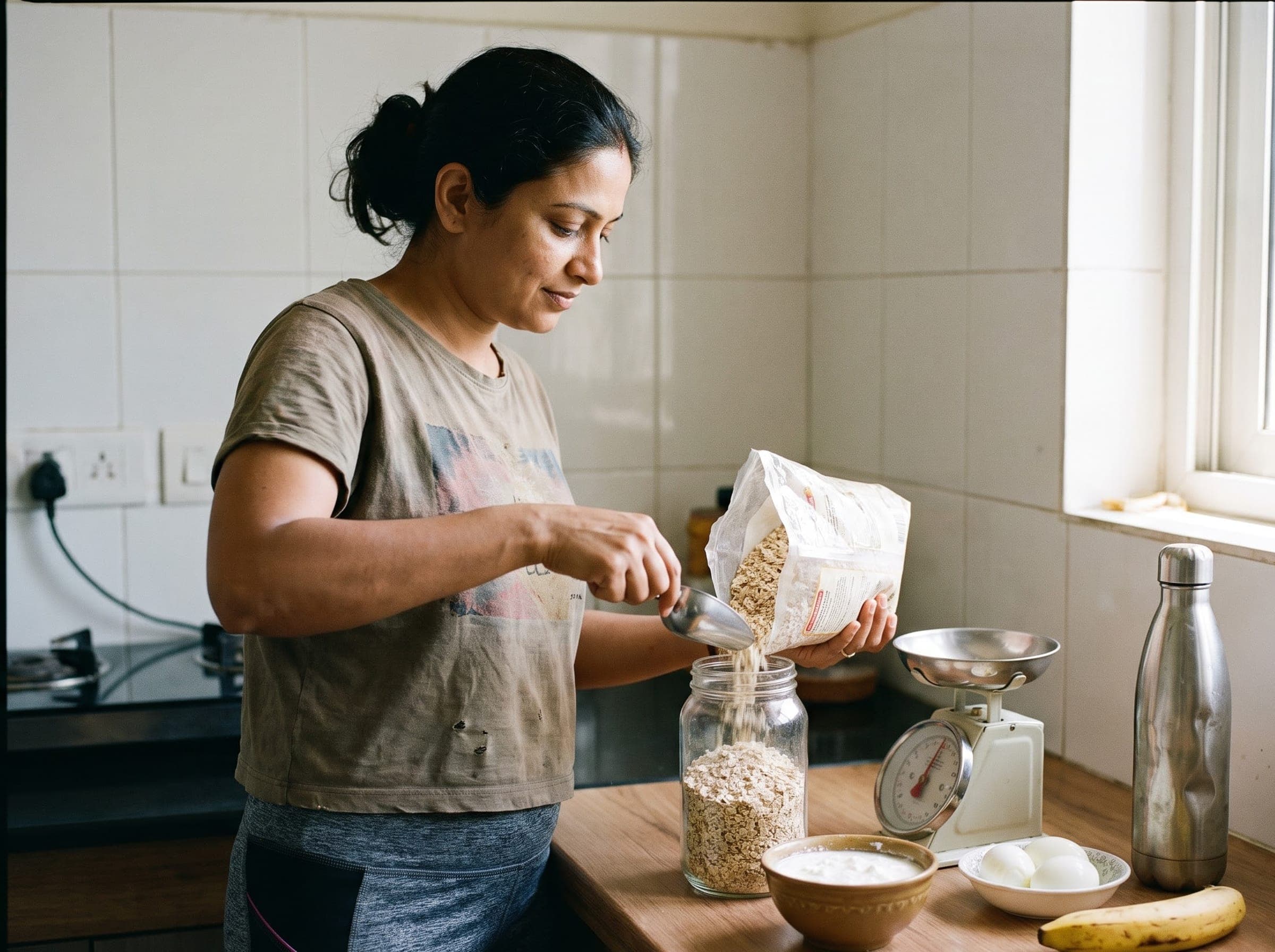 Indian woman in her kitchen pouring oats into a jar beside a kitchen scale, curd, boiled eggs and a banana