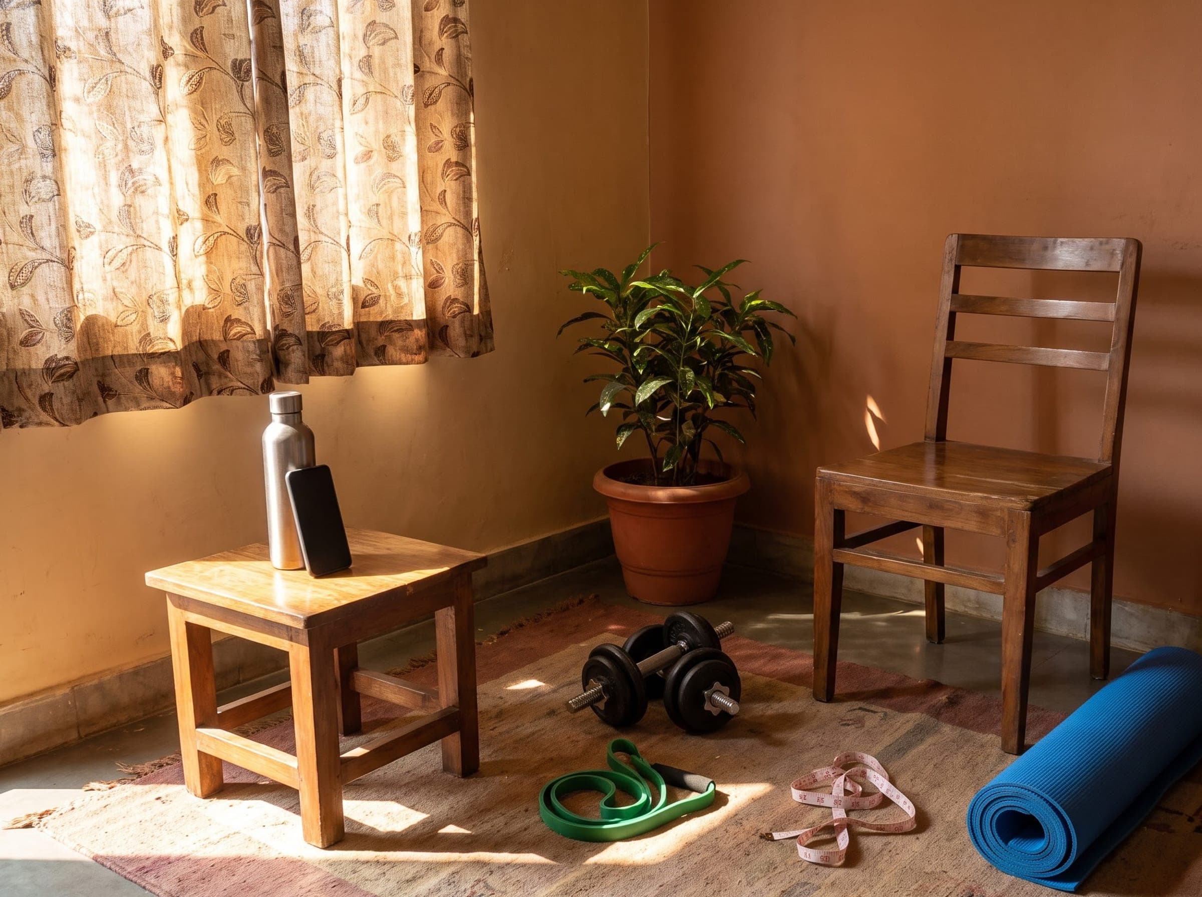 Room set up for an online training session with a mat and a towel