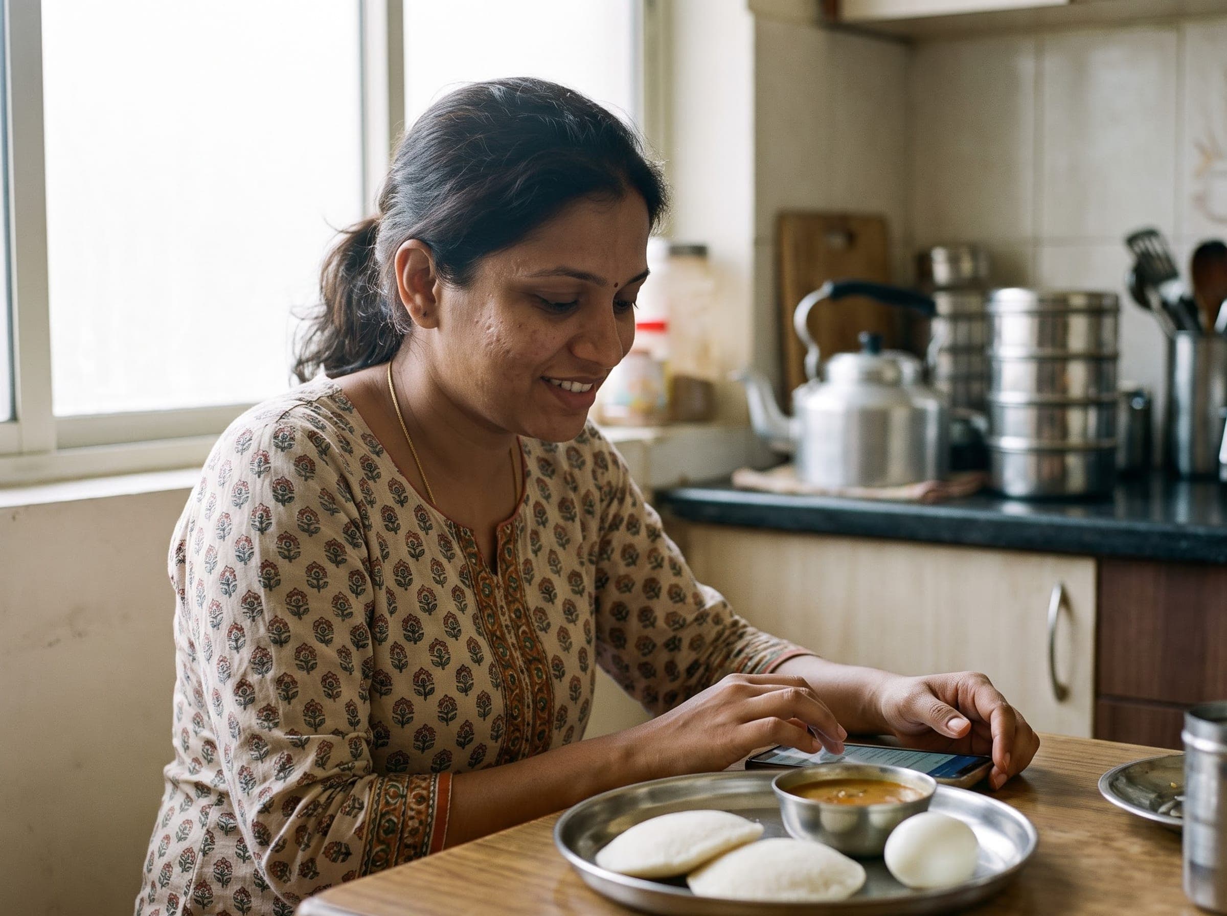 Indian woman at her kitchen table in the morning typing a message to her nutritionist, with idlis, sambar and a boiled egg on a steel plate