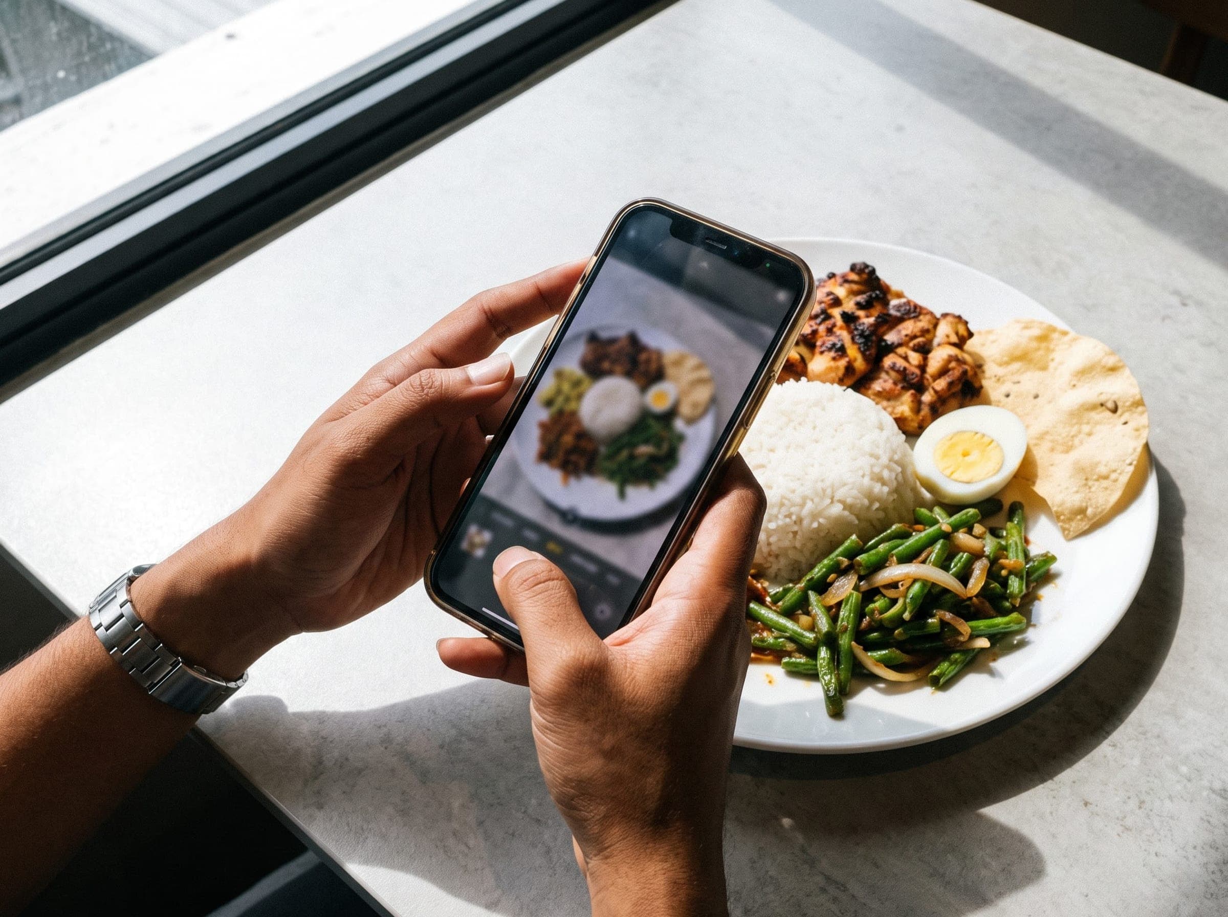 Hands photographing a lunch plate of grilled chicken, rice, green beans, a boiled egg and a papad with a phone to log calories