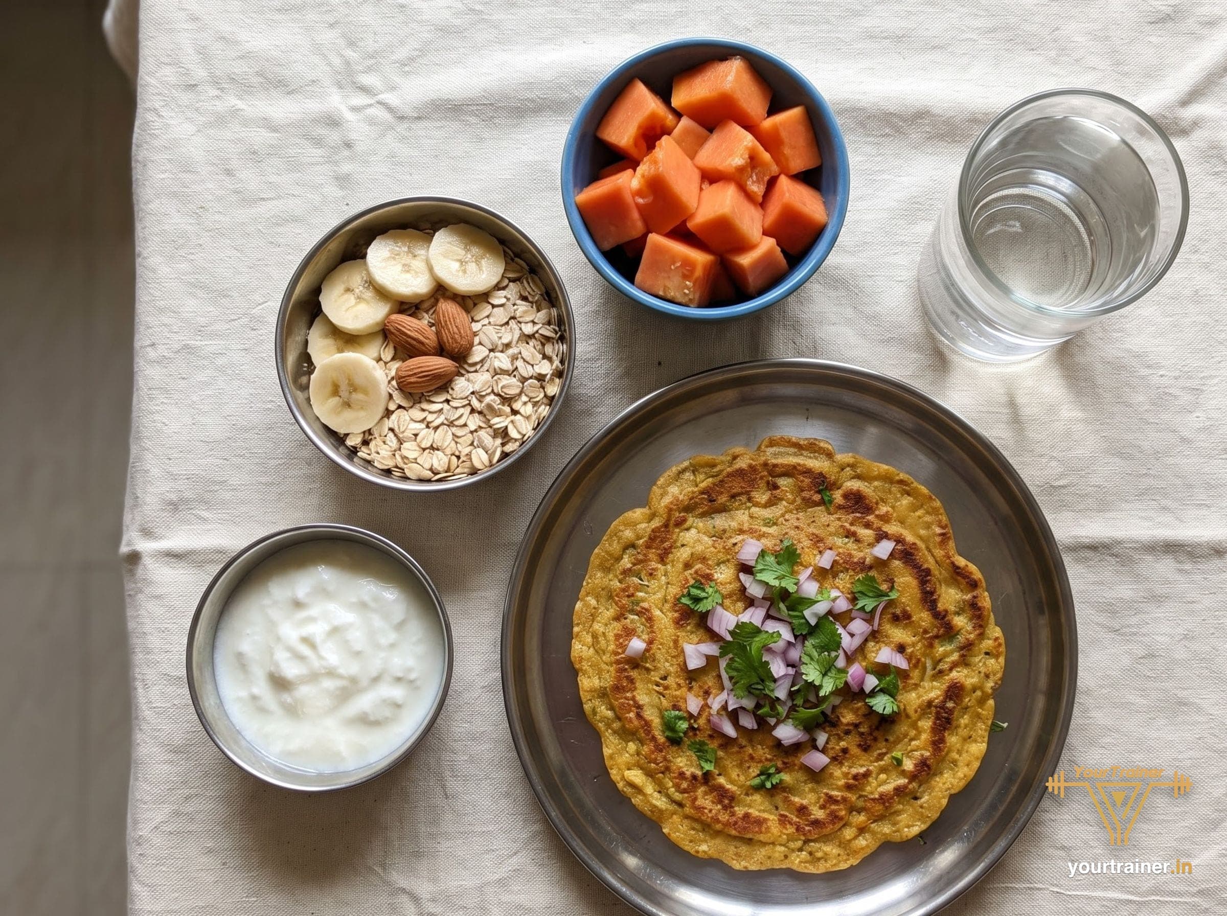 Besan chilla topped with onion and coriander on a steel plate, with oats and banana, papaya, curd and a glass of water