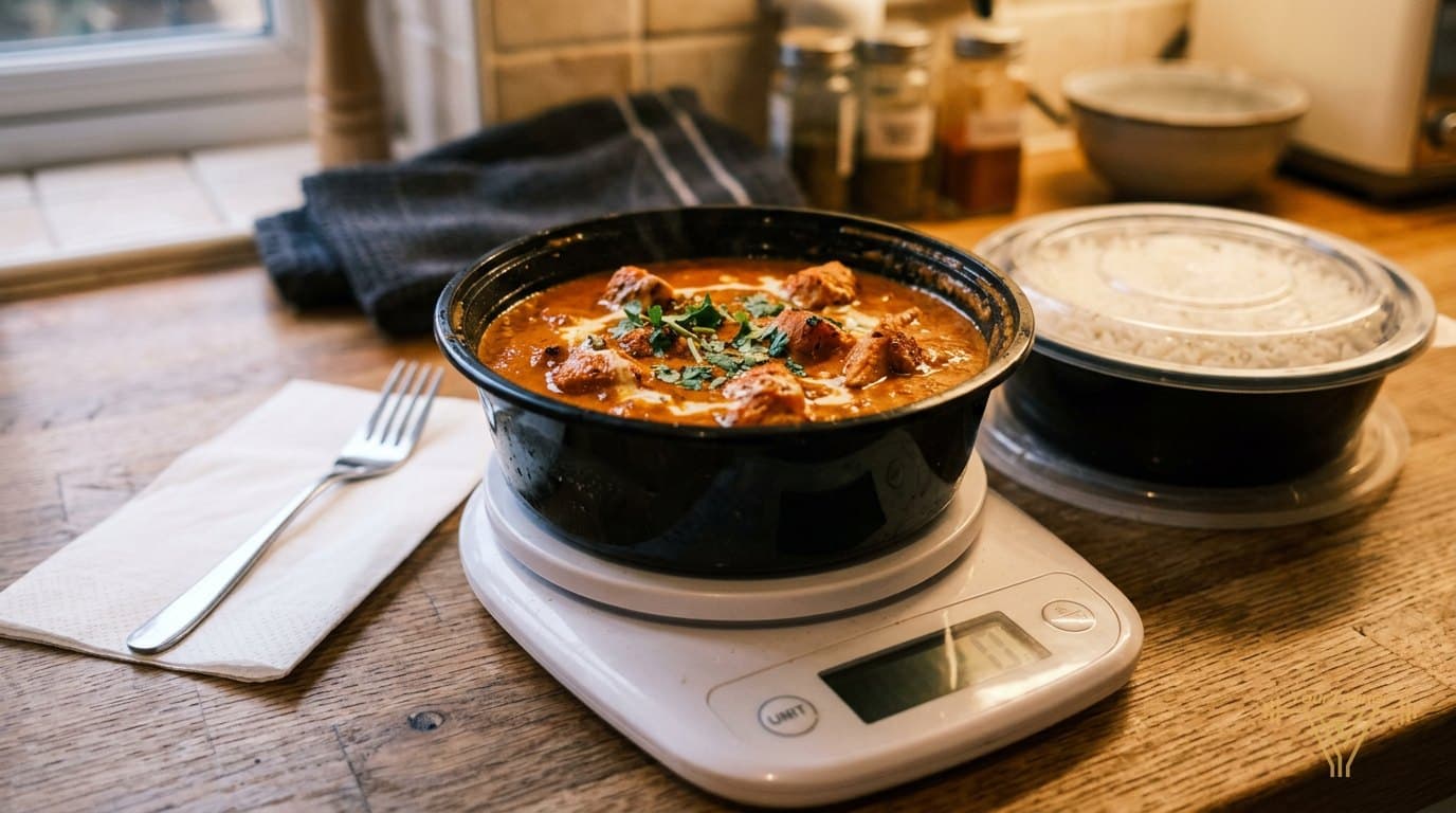 An open takeaway tub of chicken tikka masala on a kitchen scale, with a tub of rice behind it