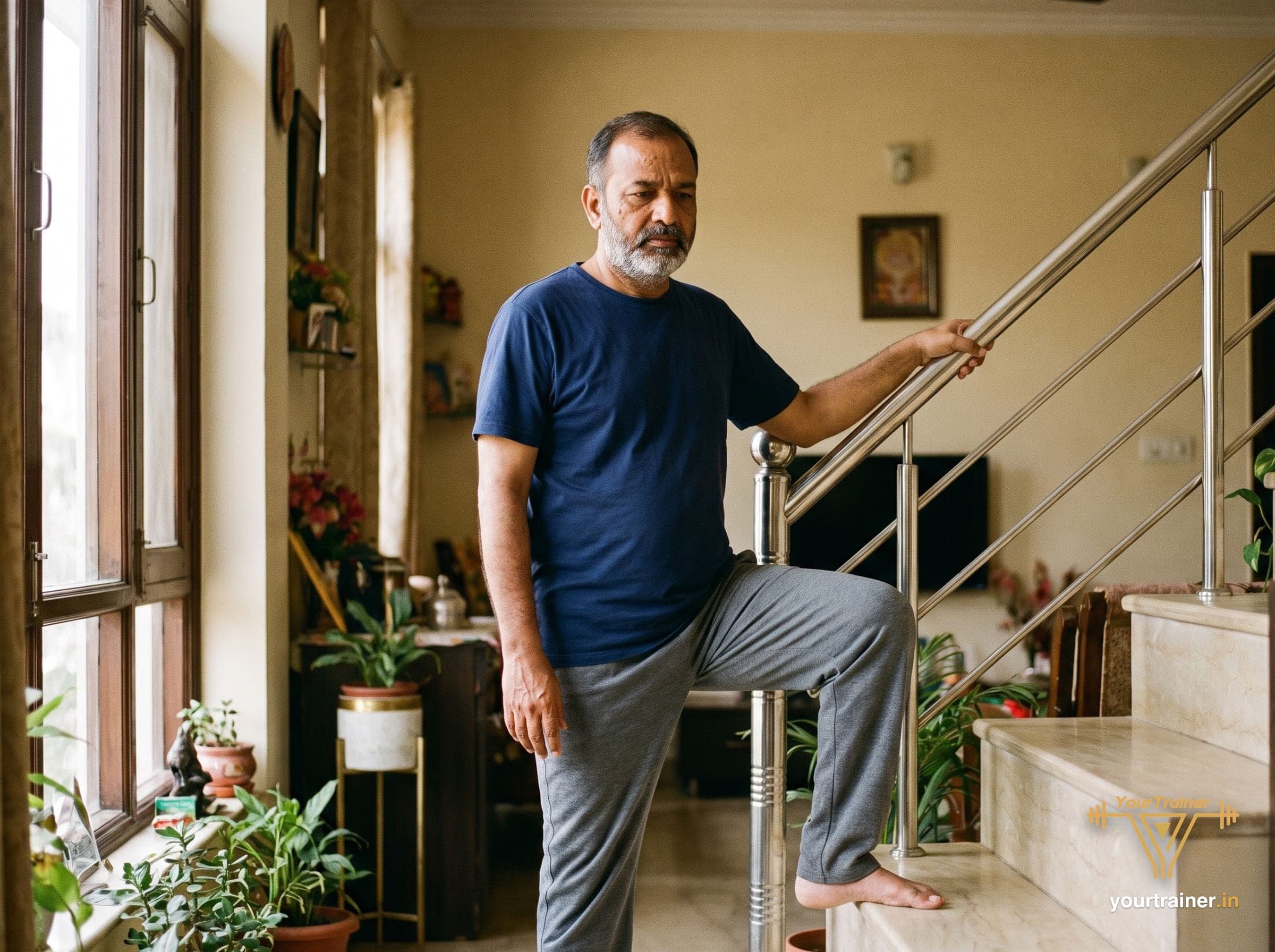 Older Indian man holding the rail and stepping up a staircase at home, one foot on the first step