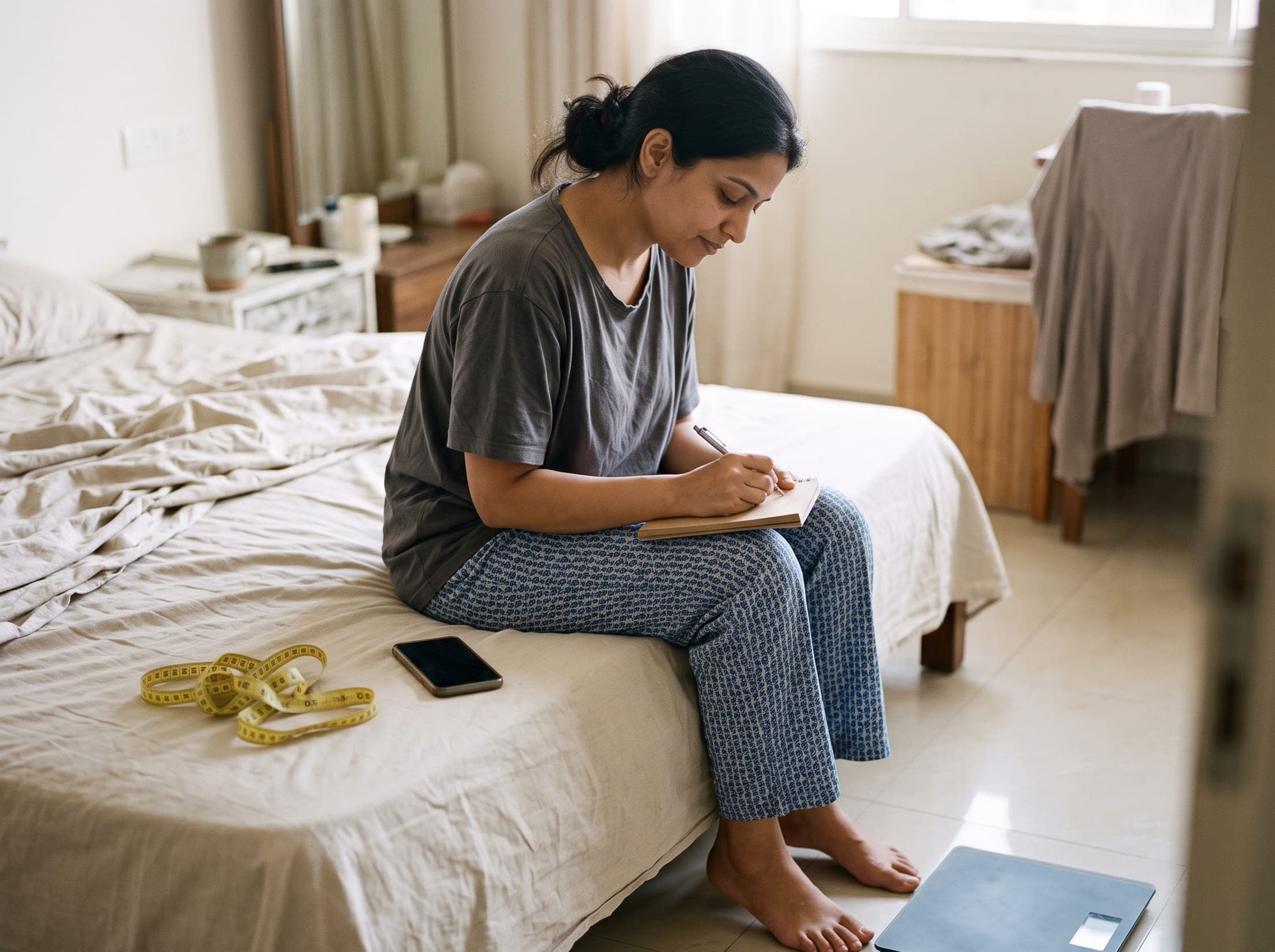 Indian woman sitting on her bed writing her morning weight in a notebook, with a bathroom scale on the floor and a measuring tape beside her