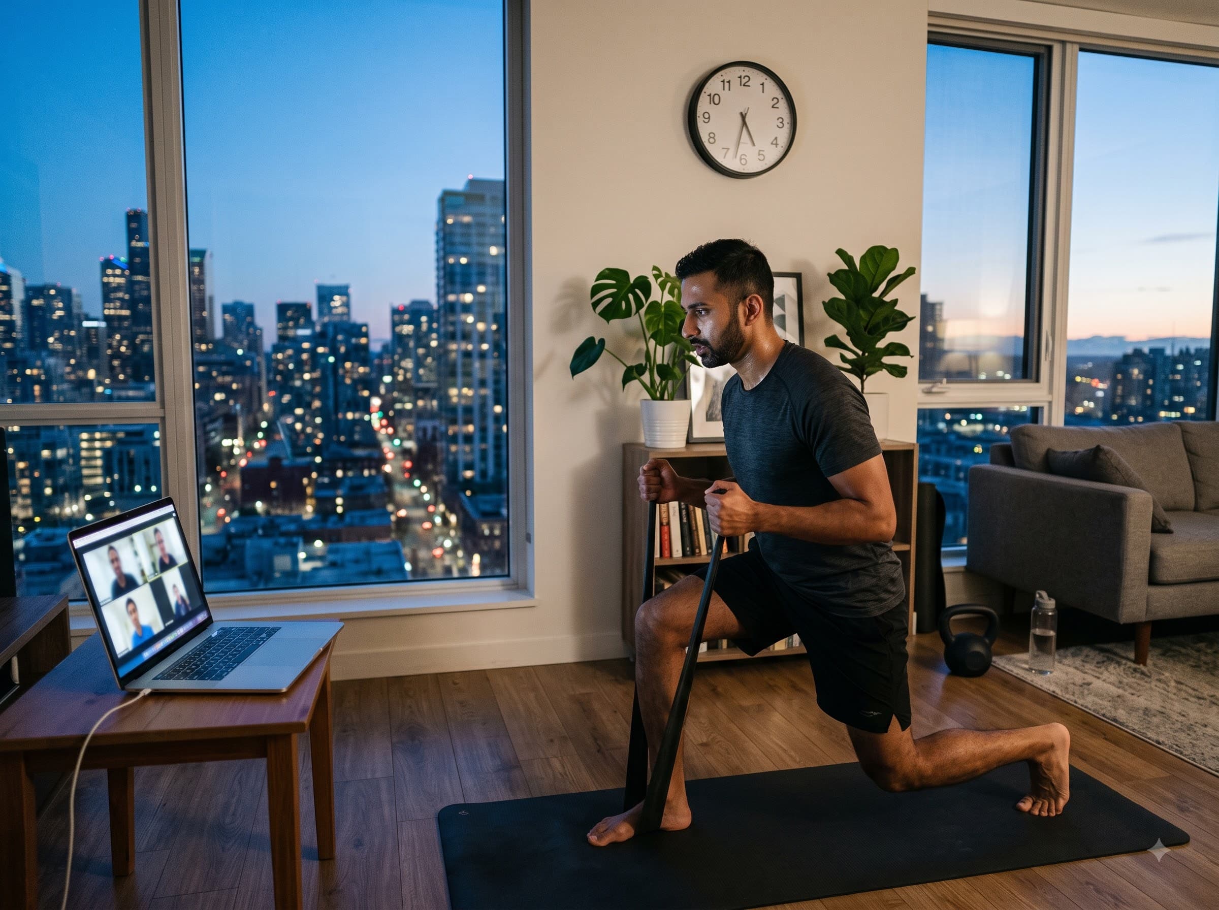 Man doing a band lunge at home in a city apartment at dusk, with a laptop on a side table showing a live video session