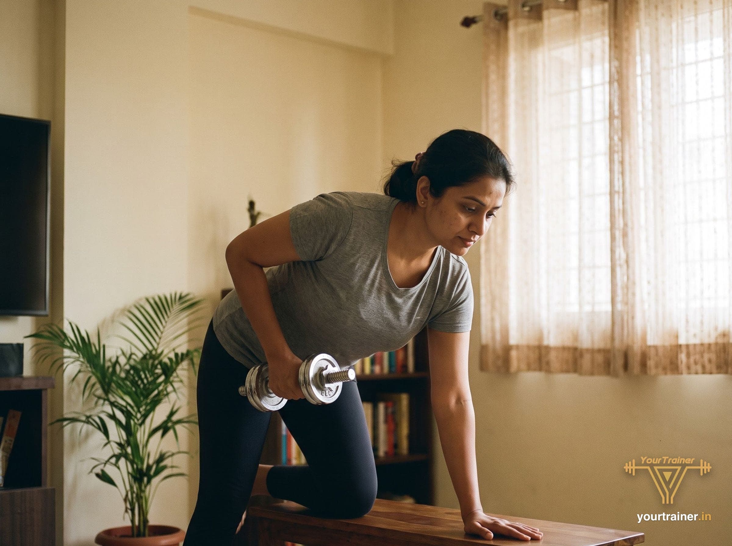 Indian woman doing a one-arm dumbbell row with her hand on a wooden bench in a bright living room