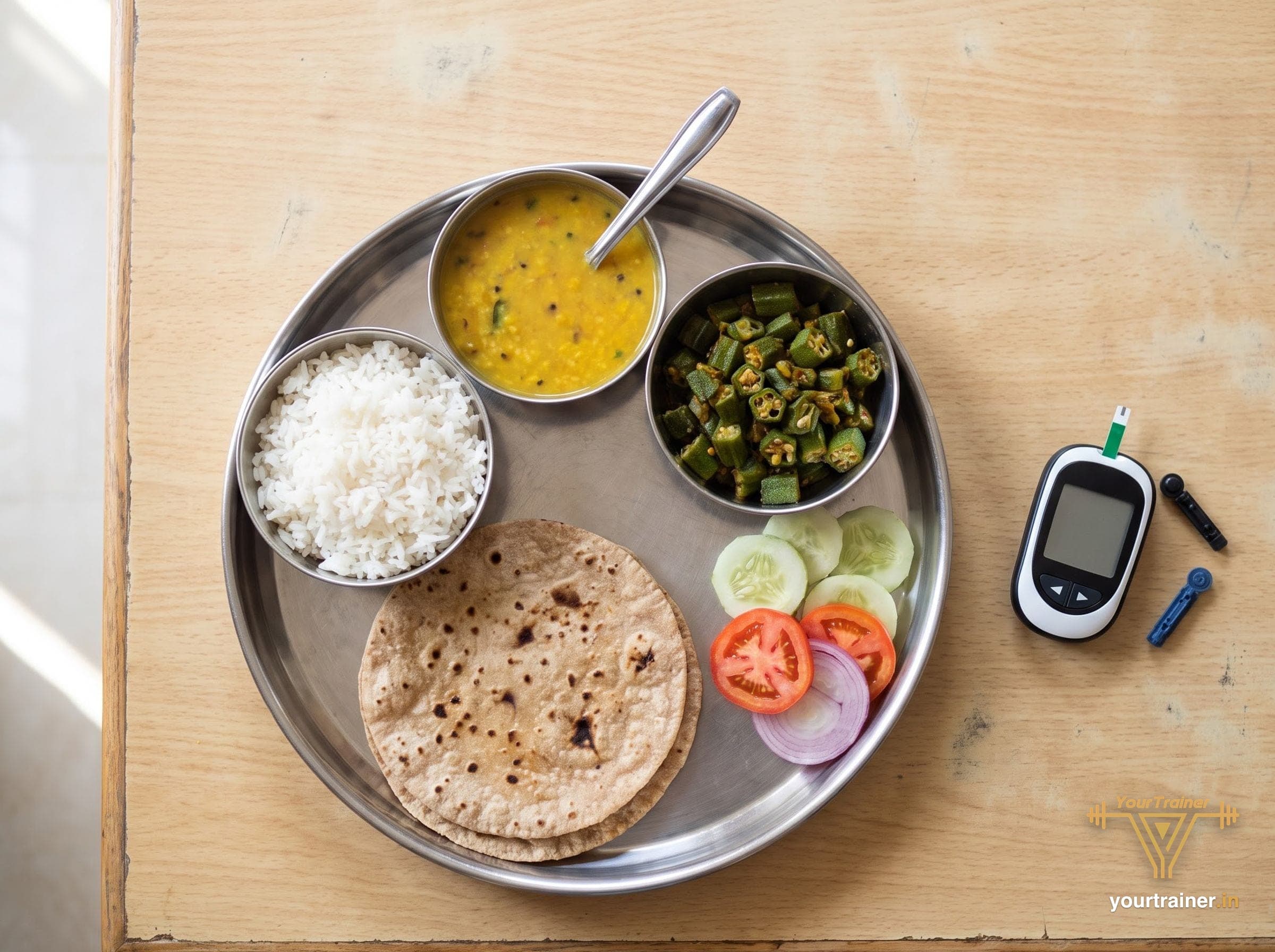Steel thali with rice, two chapatis, dal, bhindi and salad, with a glucometer beside it on a wooden table