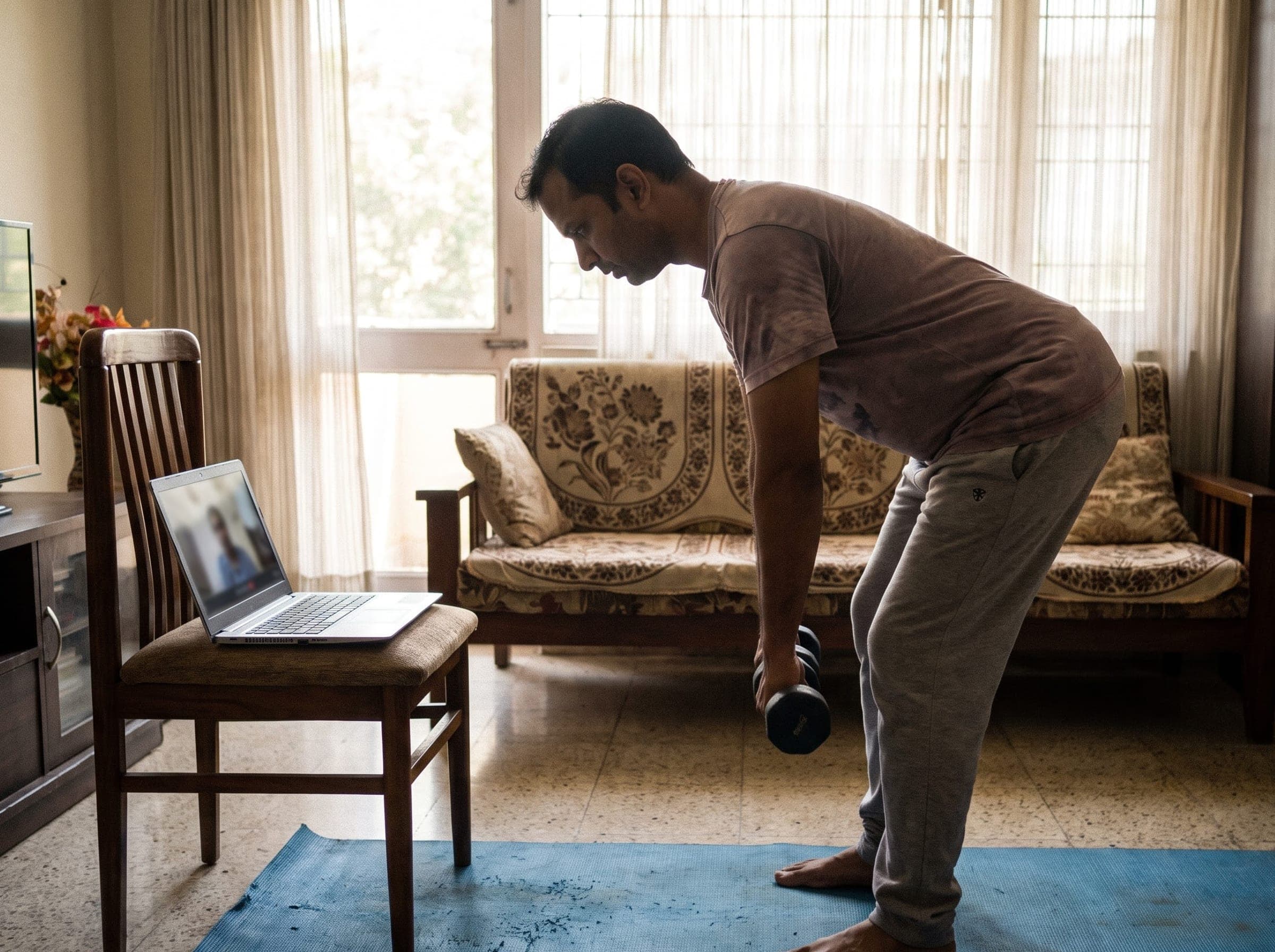 Indian man practising a dumbbell hip hinge on a mat in his living room, with a laptop open on a chair for an online session