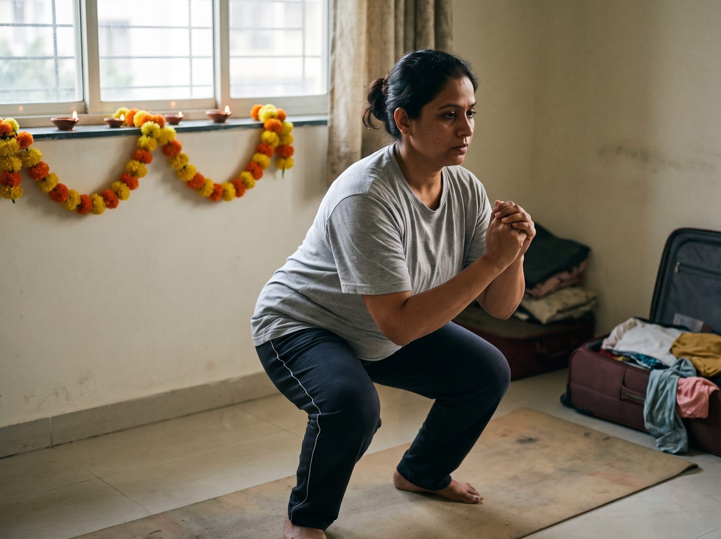 Indian woman doing bodyweight squats at home during festival season, with marigold garlands and diyas on the windowsill and a packed suitcase
