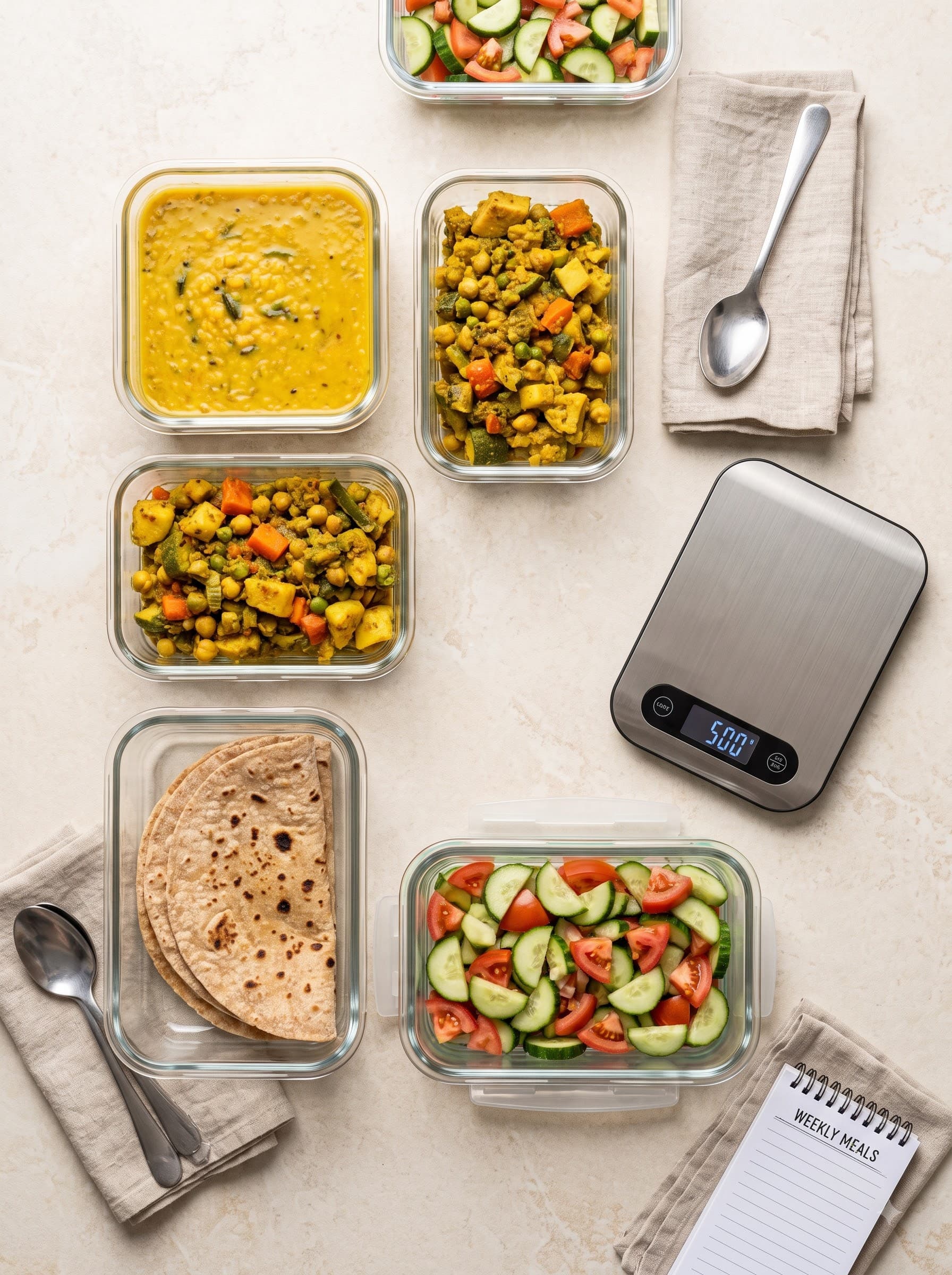 Portioned Indian meal-prep containers with dal, mixed vegetable sabzi, roti, and cucumber-tomato salad next to a kitchen scale