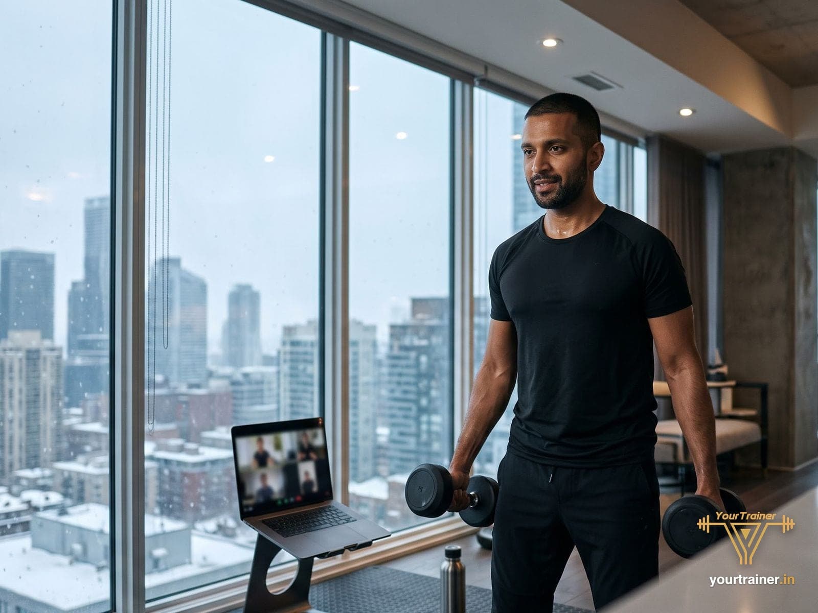 Indian man training with dumbbells in a high-rise apartment on a snowy day while his Indian coach watches on a laptop
