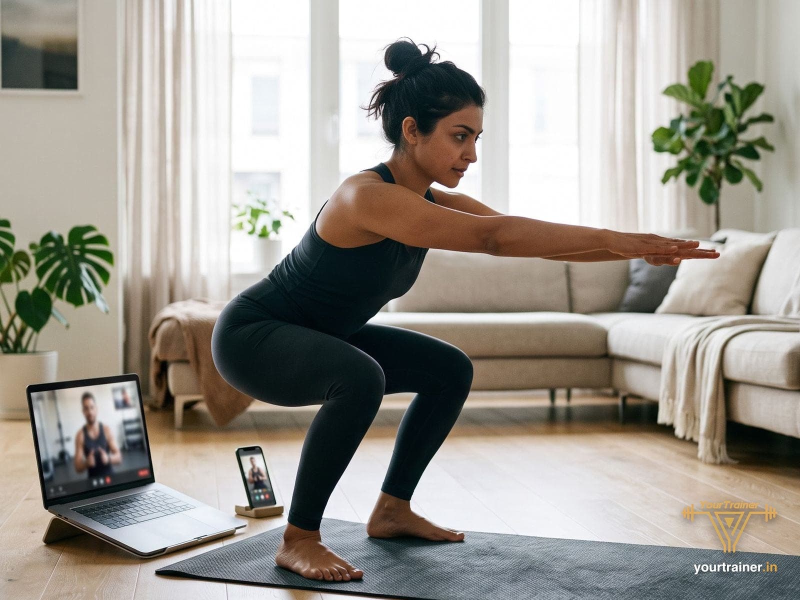 Indian woman doing a bodyweight squat at home while her coach watches on a laptop