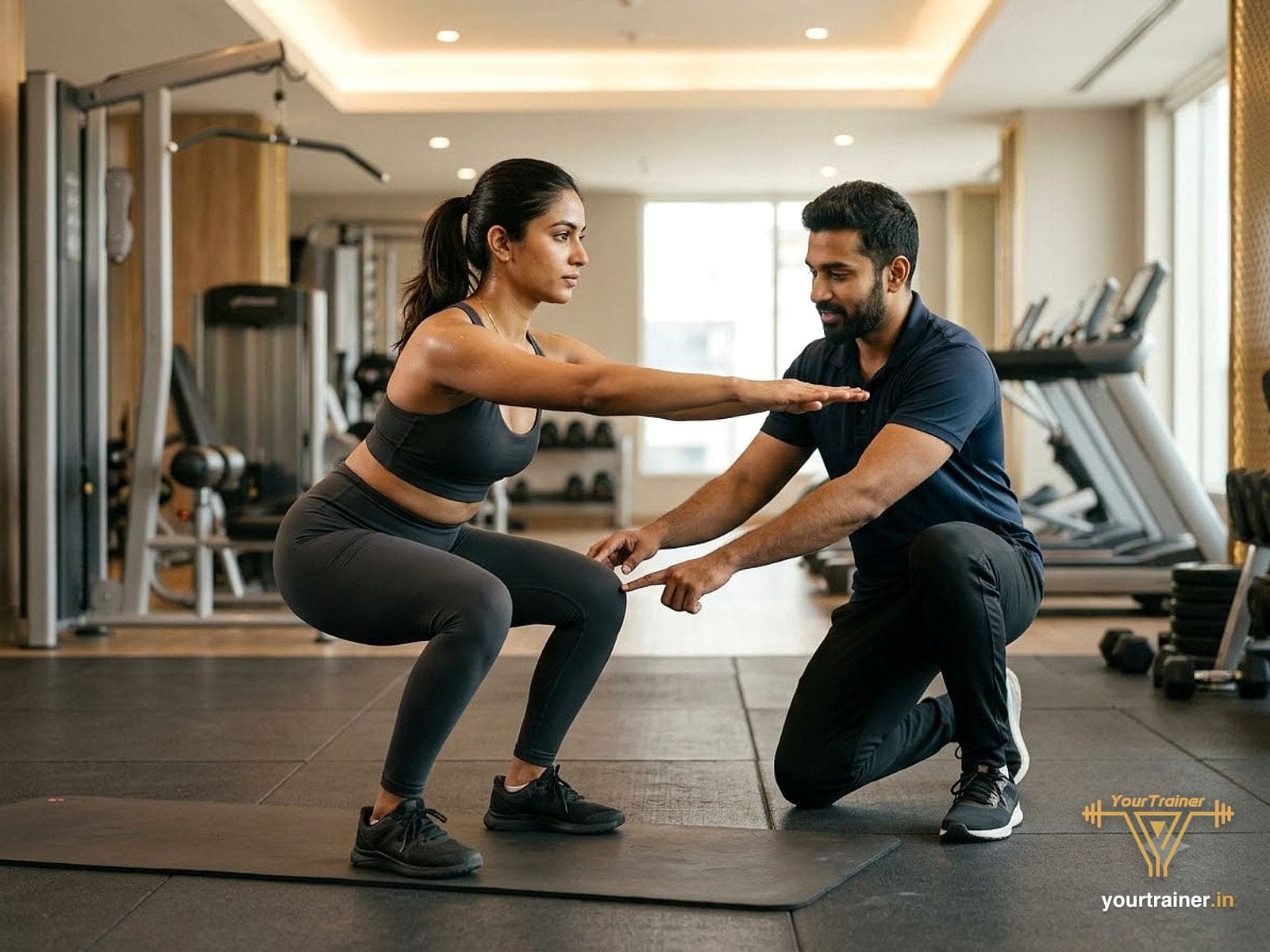 Coach correcting a woman's squat form in a quiet commercial gym