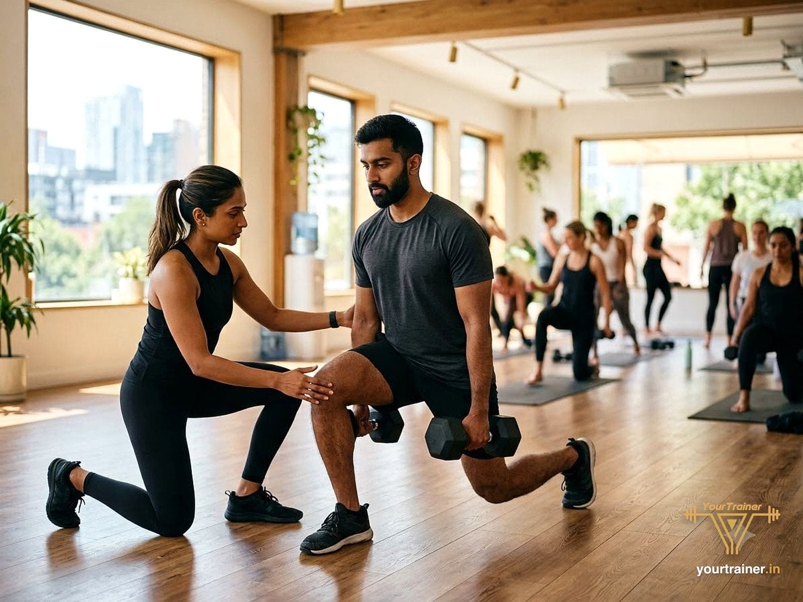 Indian personal trainer guiding a client through a lunge in a bright gym