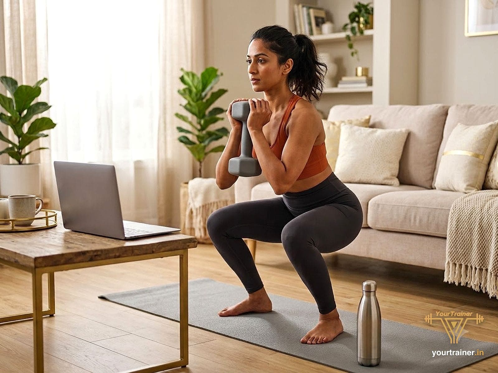 Indian woman doing a goblet squat with a dumbbell in her living room during an online coaching session