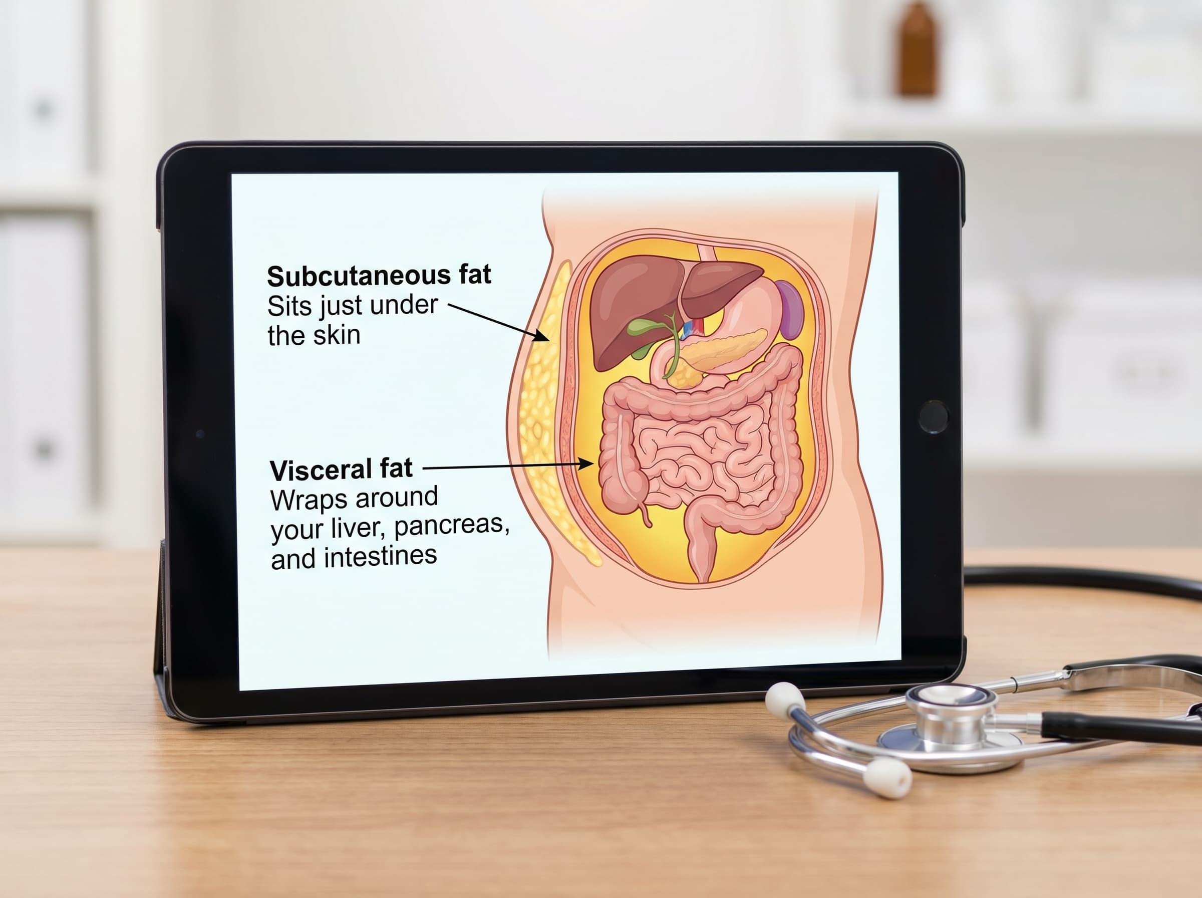 Abdomen anatomy showing subcutaneous fat under the skin and visceral fat around the organs