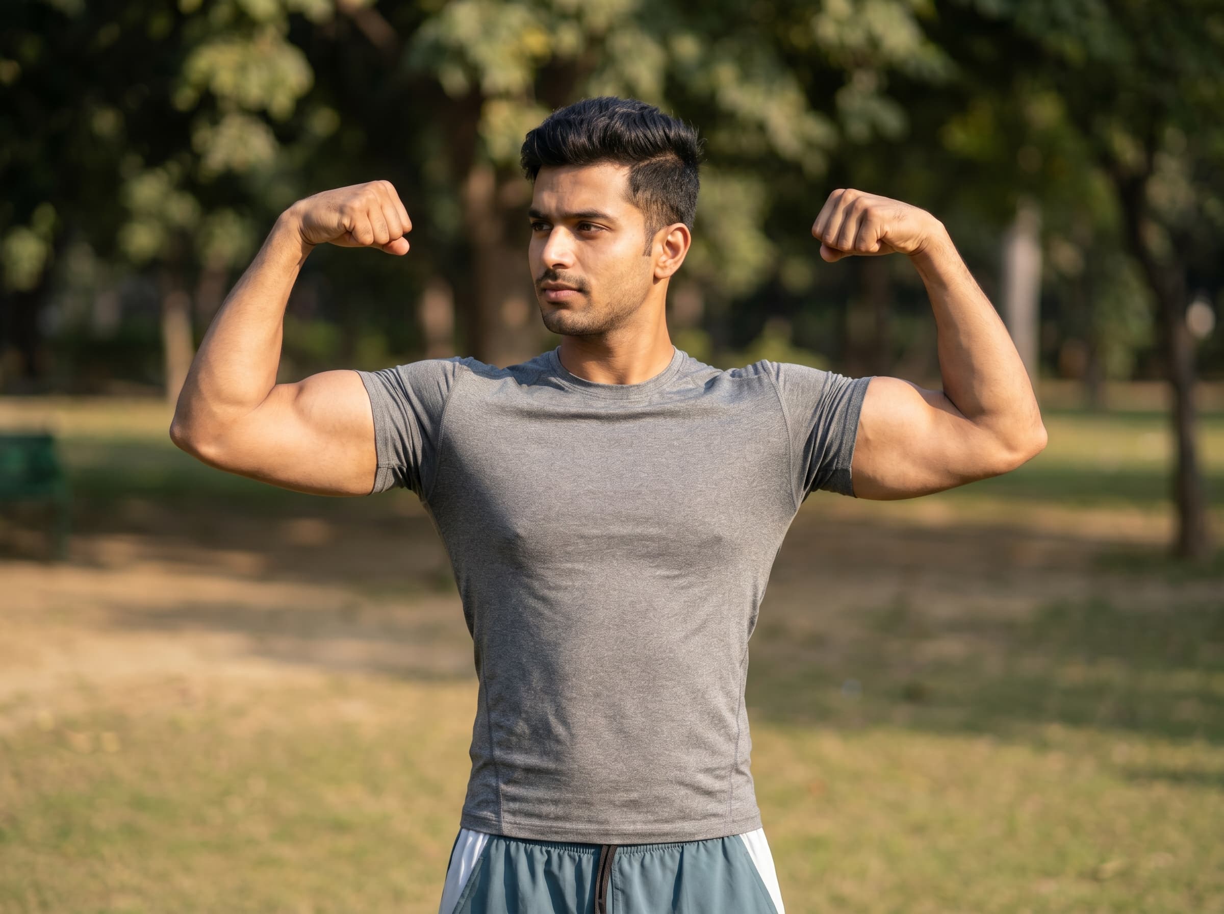 Lean muscular body composition - Indian man with defined muscle and low body fat