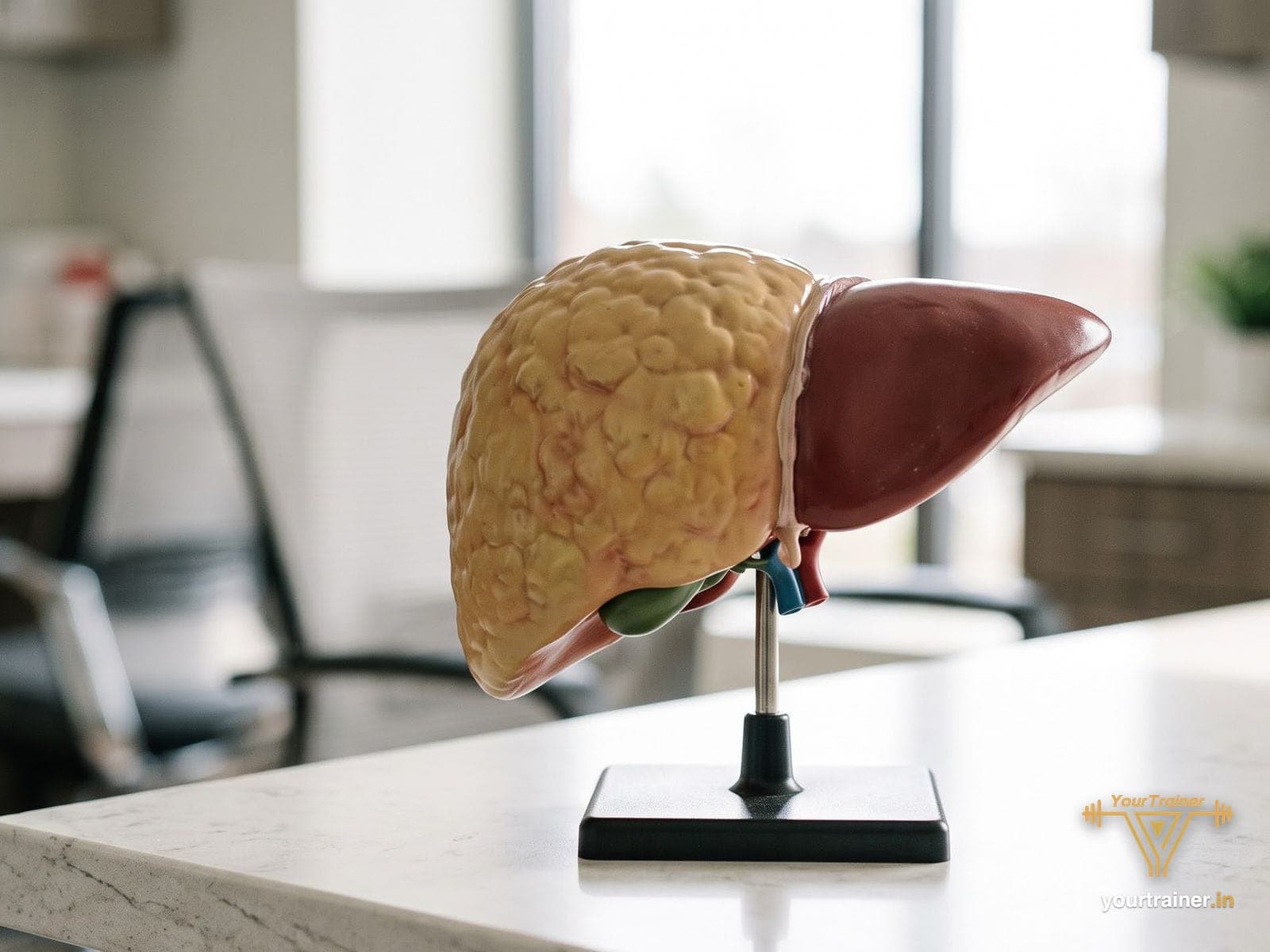 Liver anatomy model showing a fatty lobe beside a healthy lobe in a clinic