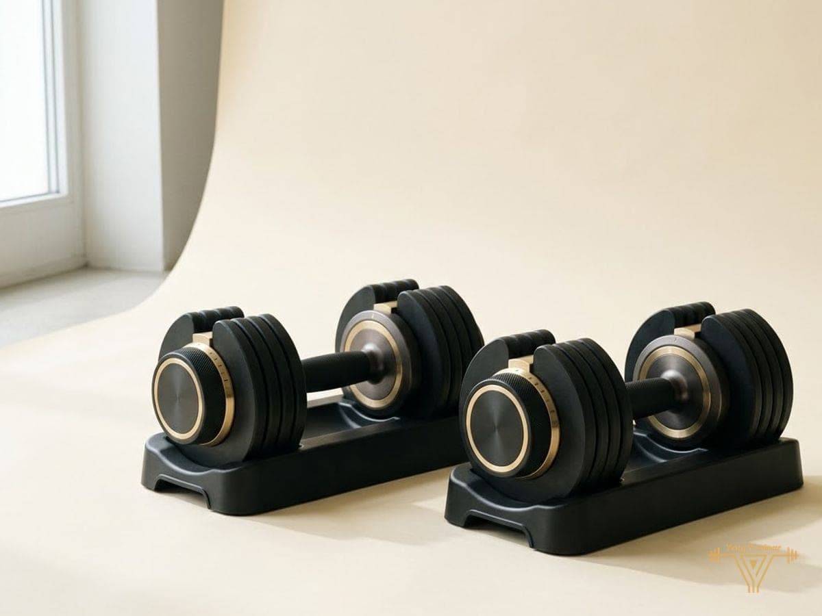 Adjustable dumbbells, up to 25 lb (about 11 to 12 kg) each, product type illustration