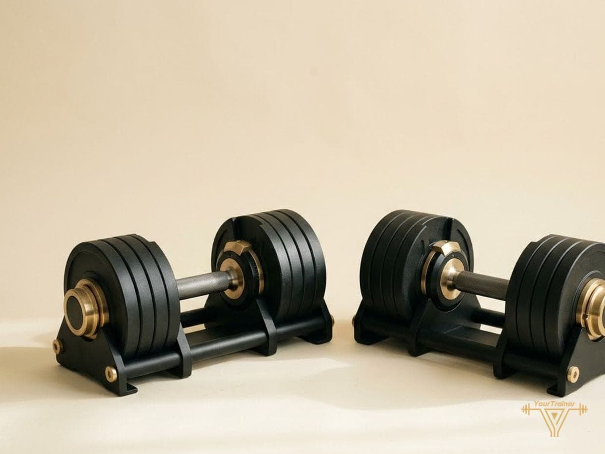 Adjustable dumbbells, up to 50 lb (about 23 to 24 kg) each, product type illustration
