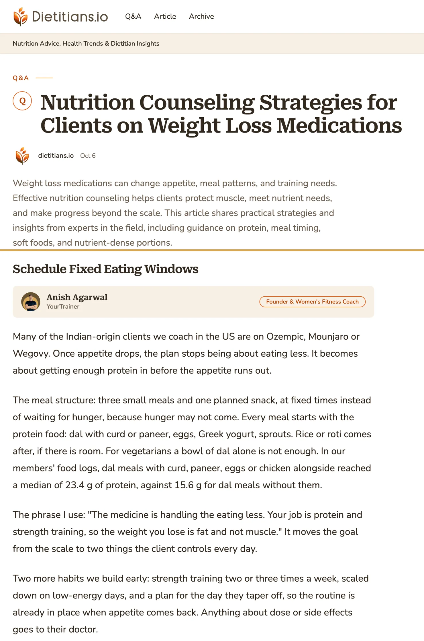 Dietitians.io article on nutrition counseling for clients on weight loss medications, showing Anish Agarwal's contribution