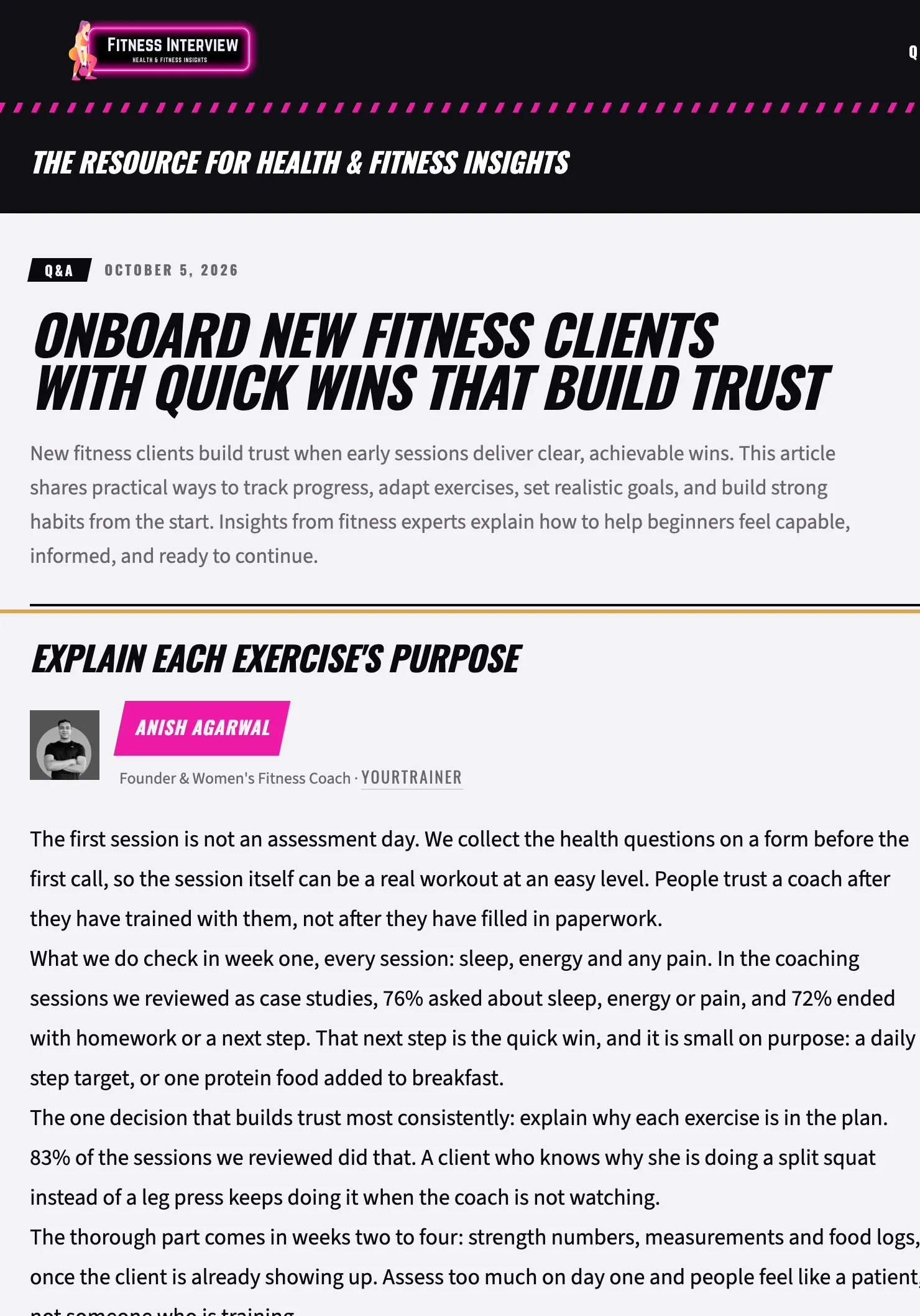 Fitness Interview article on onboarding new fitness clients, showing Anish Agarwal's contribution