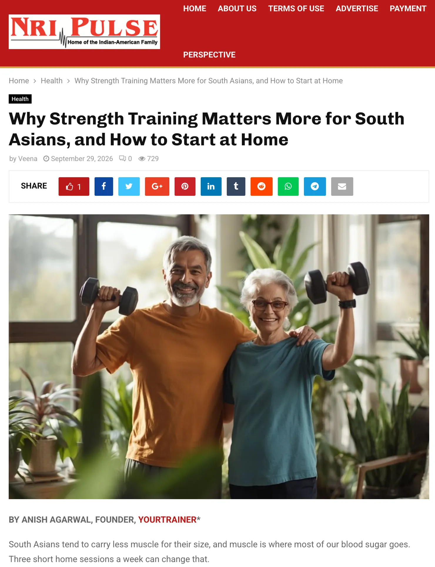 NRI Pulse article by Anish Agarwal on strength training for South Asians