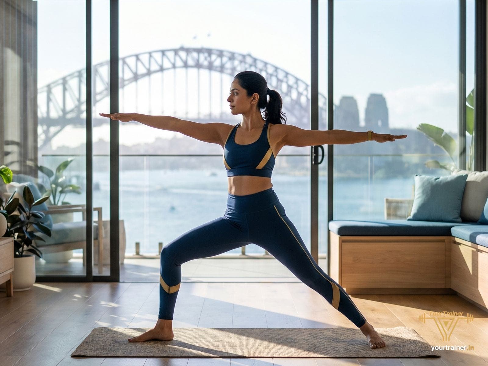 Indian woman doing a yoga warrior pose in a Sydney apartment with the Harbour Bridge behind her