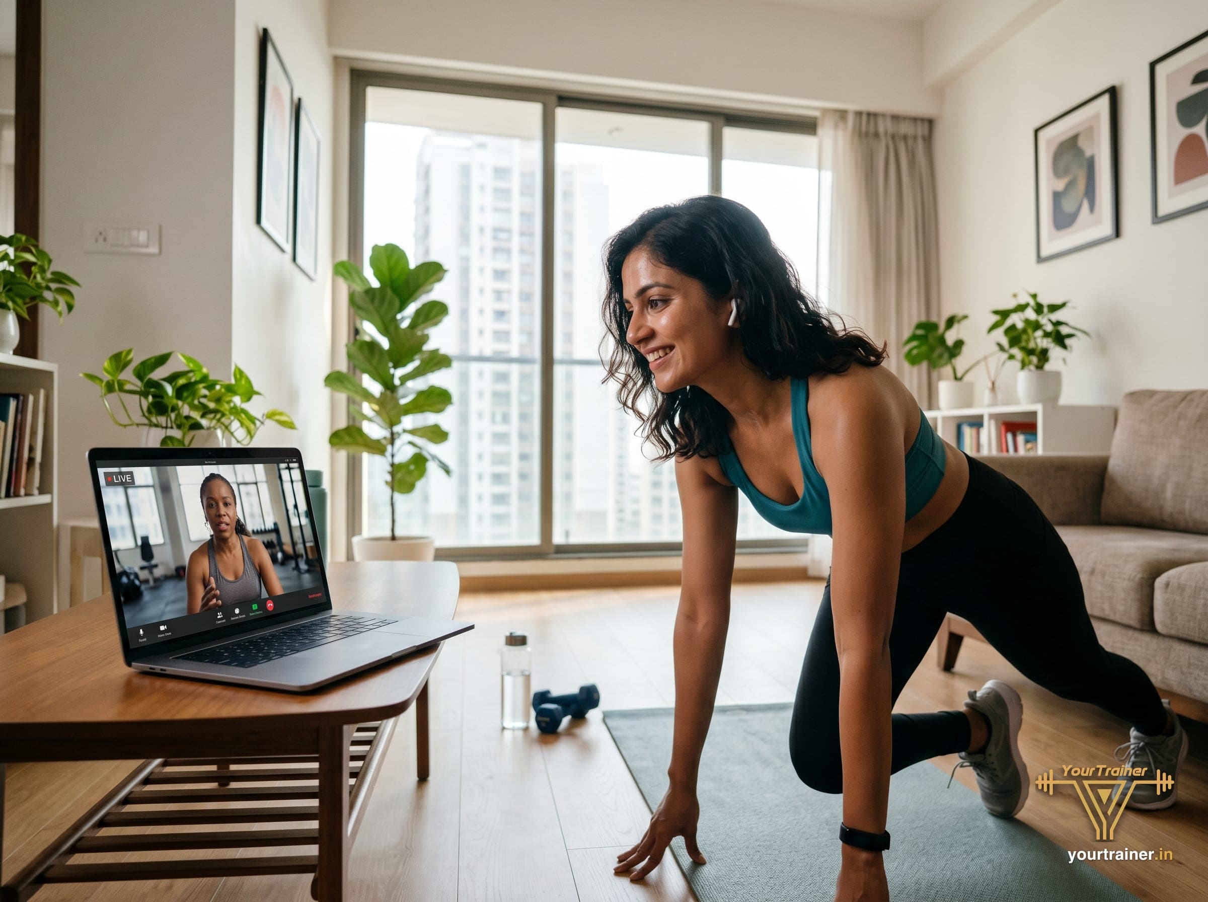Indian American in a Bay Area apartment doing a live online personal training session