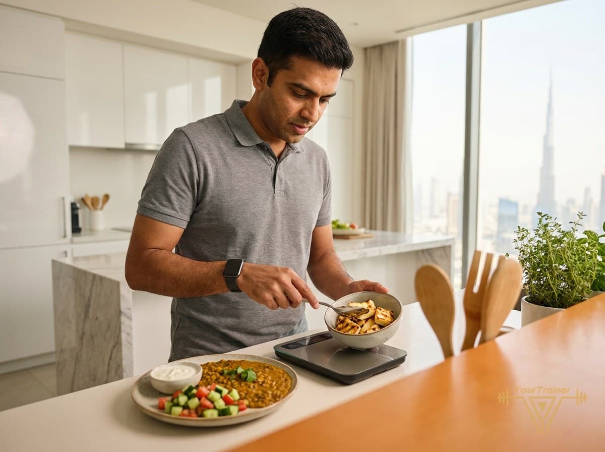Man weighing a portion of paneer in a Dubai kitchen, with dal and salad on the counter