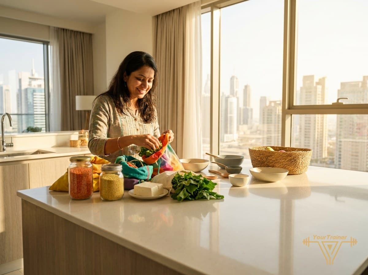 Indian woman in Dubai eating a healthy dal and roti meal at home, tracking her nutrition on her phone with an online nutritionist
