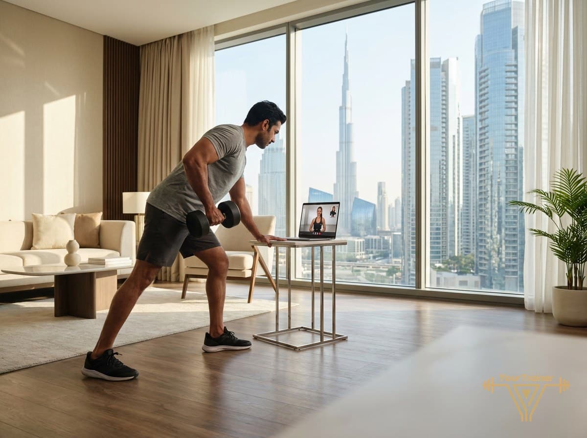 Indian woman in Dubai training live online with a personal coach on her home setup