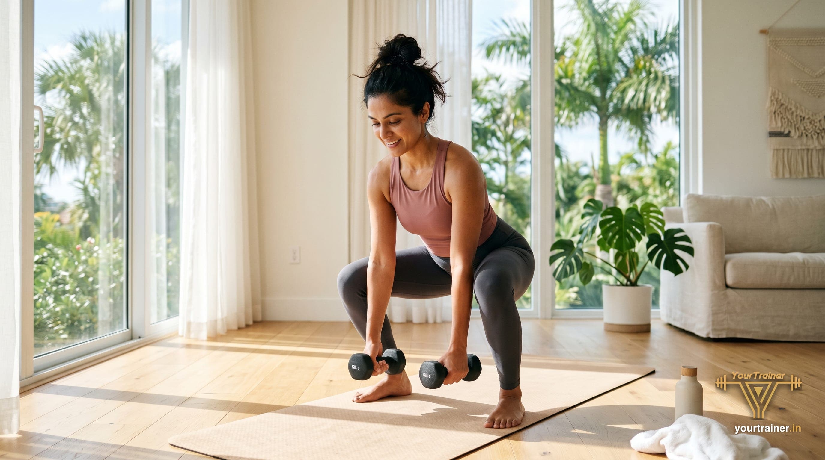 Indian woman in Florida doing a dumbbell workout at home in a bright sunlit room