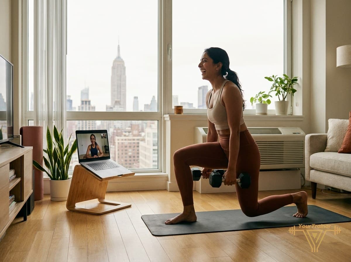 Indian woman in NYC apartment doing a live online dumbbell workout with a laptop coach