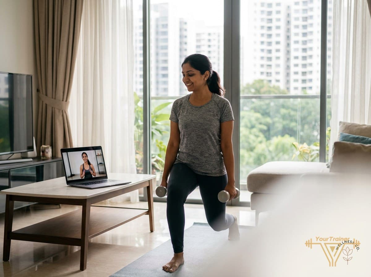 Indian woman in Singapore doing live online dumbbell strength training at home with a female coach