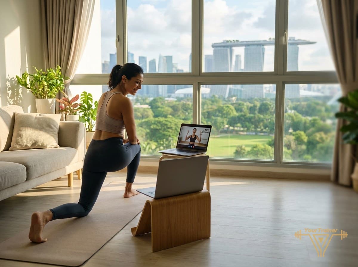 Indian woman in Singapore doing a live online dumbbell workout at home with a laptop coach