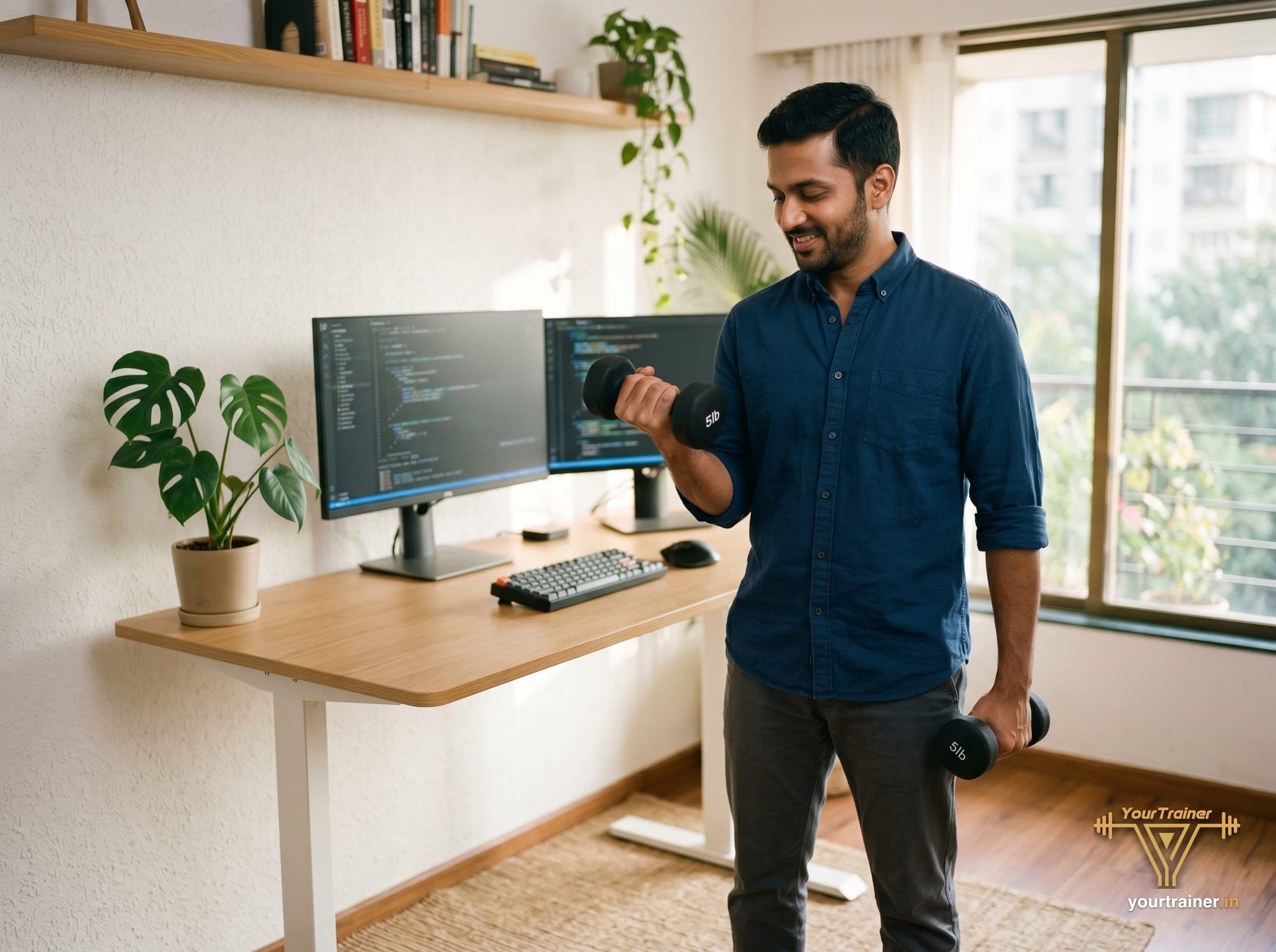 Remote fitness coach working with software engineer on desk posture and fat loss