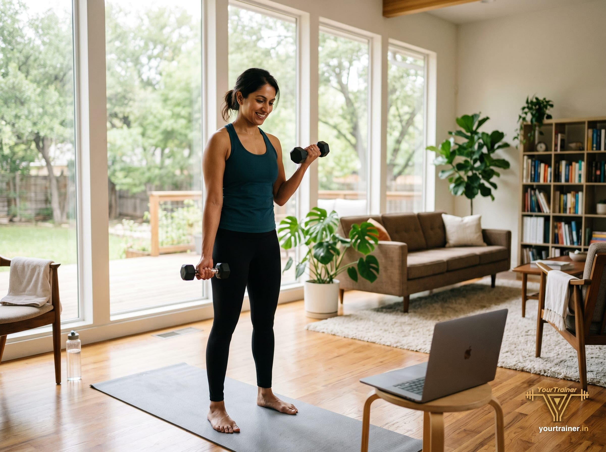 Indian woman in Texas doing a live online dumbbell workout at home with a laptop coach