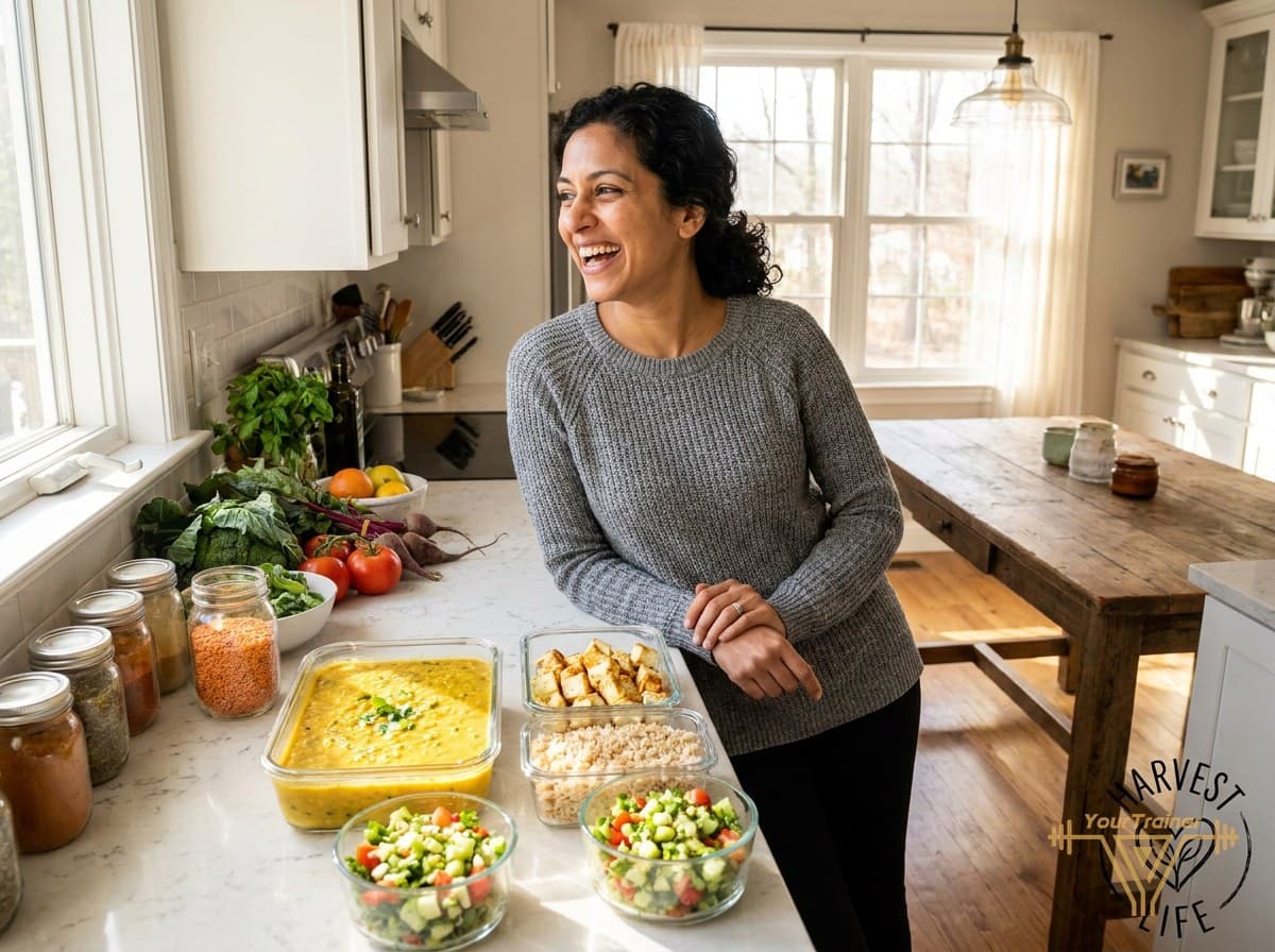 Indian woman in the USA following a personalized nutrition plan with Patel Brothers groceries on the table and a laptop showing her nutrition coach