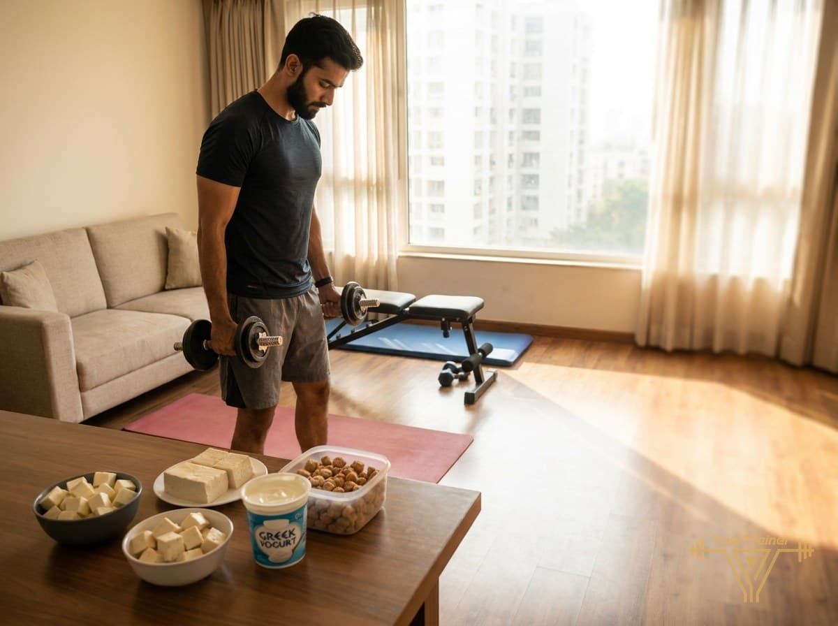 Indian vegetarian man doing dumbbell strength training at home, coached live via laptop