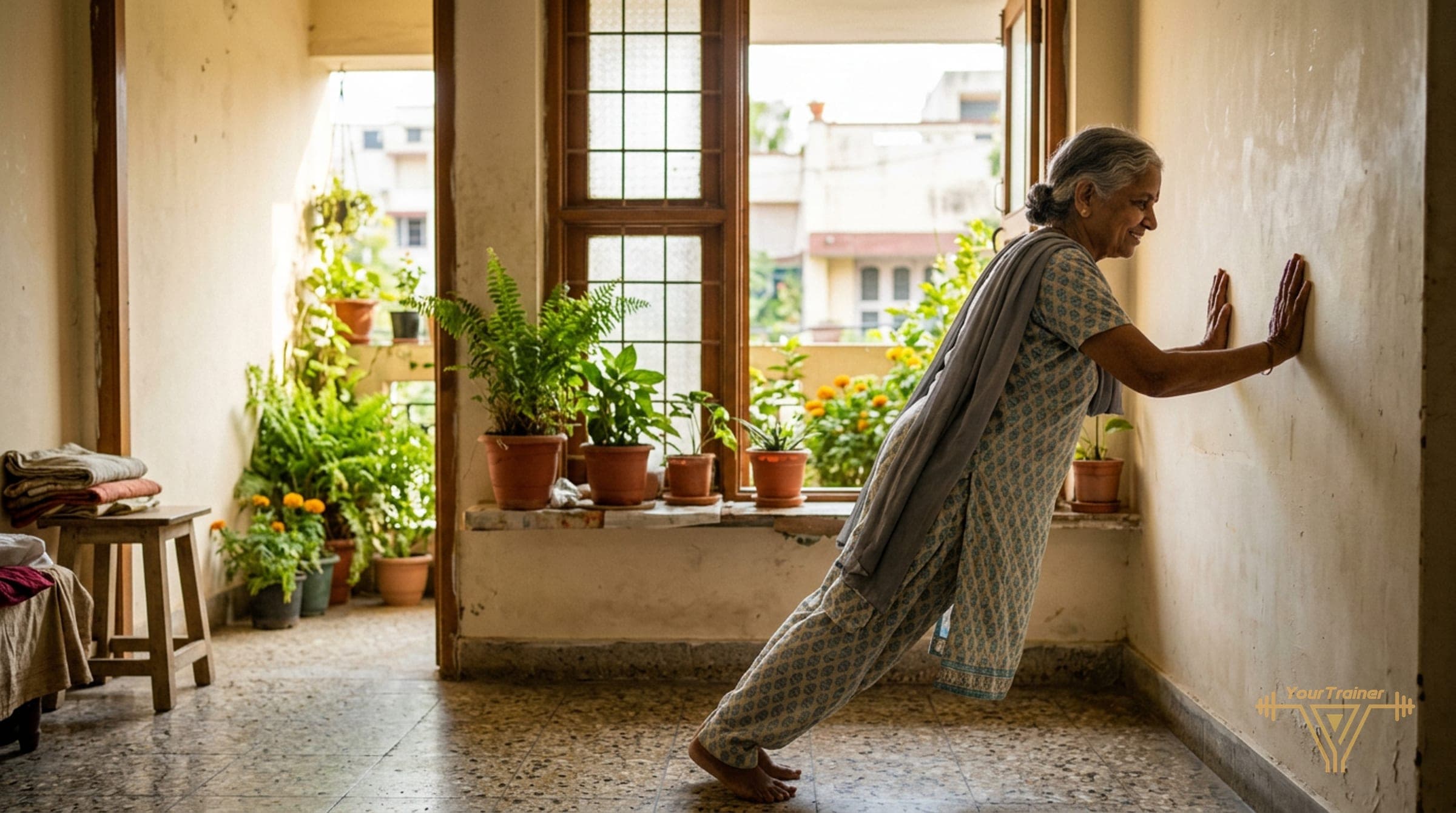 An older Indian woman doing wall push-ups beside a window with plants at home