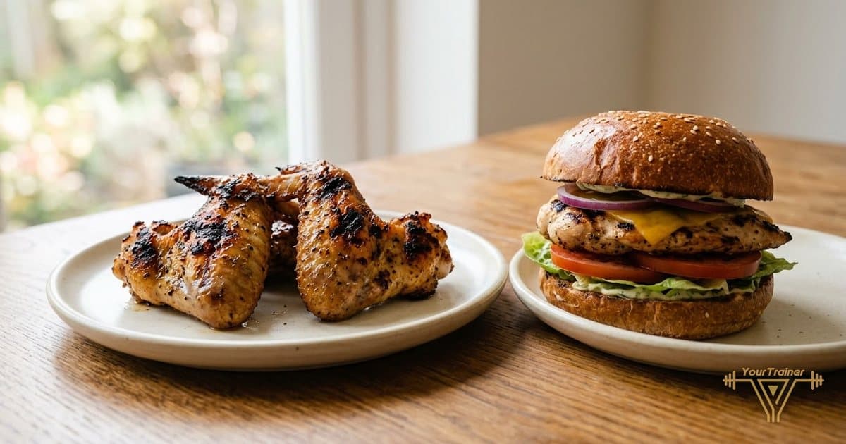 Four grilled chicken wings on a cream plate beside a grilled chicken burger