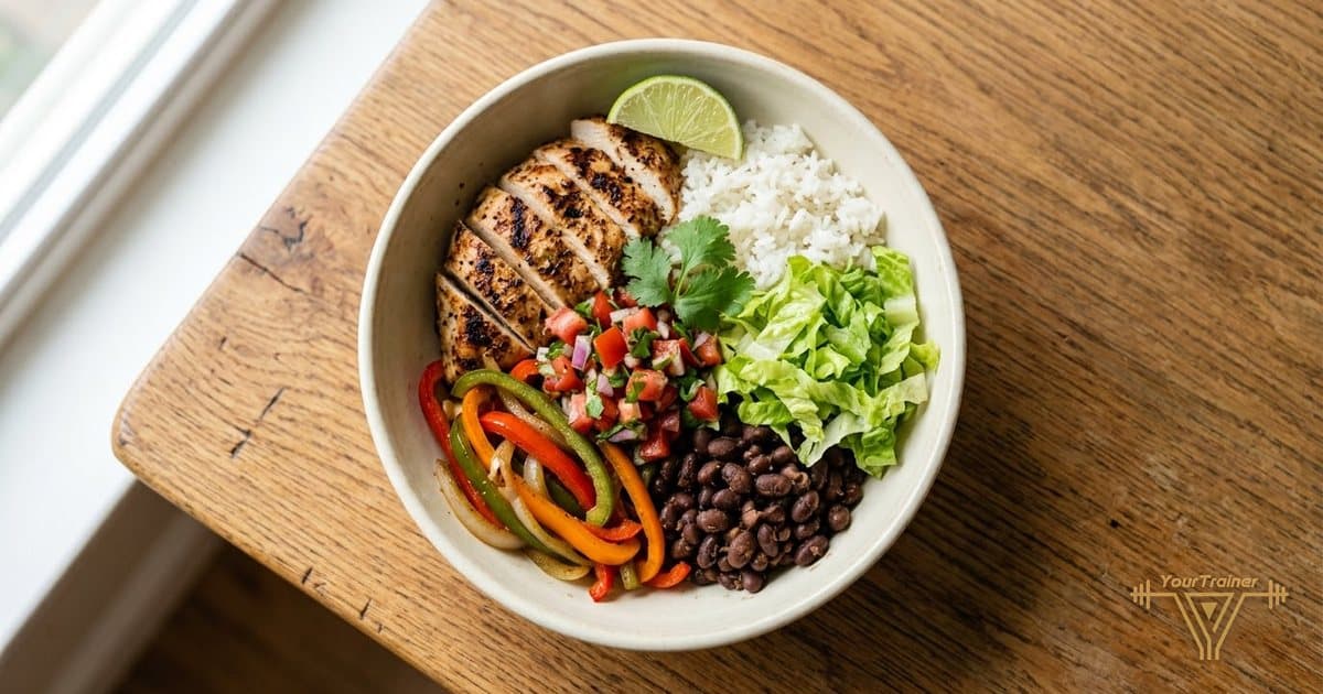 A burrito bowl with grilled chicken, white rice, black beans, fajita peppers, tomato salsa and lettuce